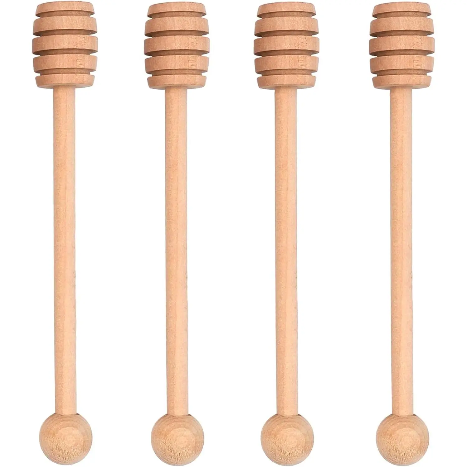 4PCS Honey Mixing Stirrer, 6.3 Inches Wooden Honey Dipper, Smooth Honey Comb Stick, Honey Spoon Collecting Dispensing Drizzling Jam (Round Handle)