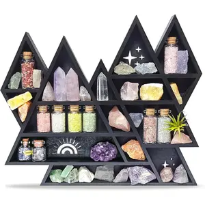 Mountain Crystal Shelf Display for Wall, Wooden Triangle Rock Gem Stone Storage Holder, Meditation Room Decor Spiritual Gift, Wall Hanging Organizer for Trinkets, Knick Knacks, Art Collections