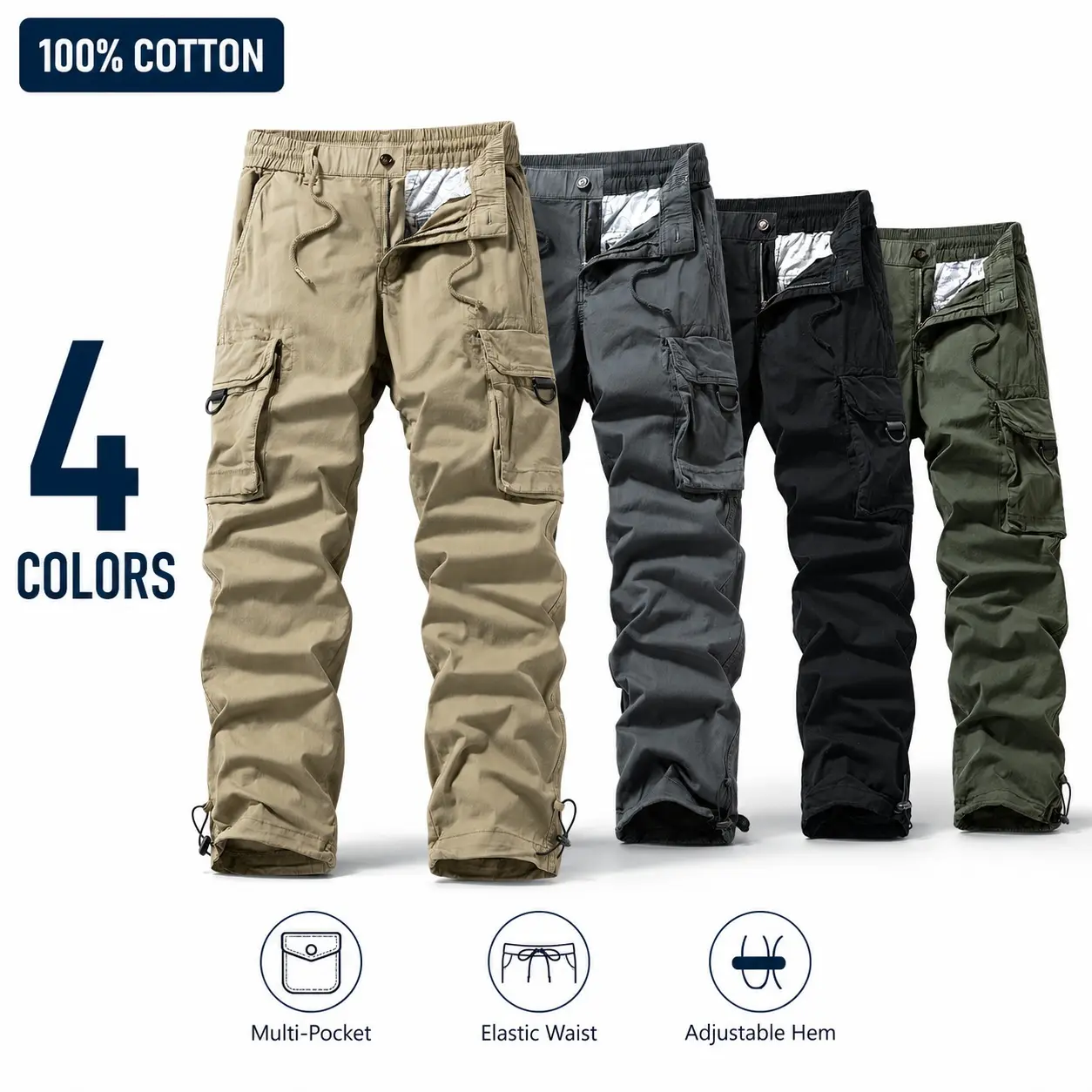 Men's Casual Tactical Cargo Pants in 100% Cotton with Multi-Pockets, Adjustable Hem, and Elastic Drawstring Waist for Outdoor Work, 2Pcs - Khaki/Green, Fabric, Menswear, Utility, Baggy, Loose, Soft, Buttons, Mid Waist, Street Basic, Tactical Pants, All-Se