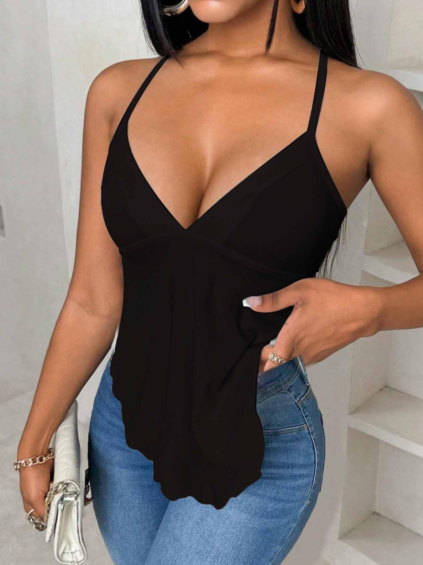 Women's Plain Lace Up Backless Asymmetrical Hem Knitting Fabric Cami Top, Casual Sleeveless V Neck Top for Summer, Ladies Clothes for Daily Wear, Womenswear