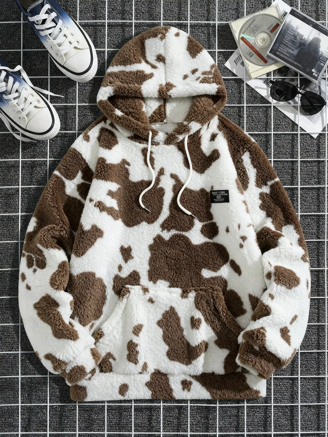 Men's Fleece Cow Print Sports Long Sleeves Hoodie, Soft Warm Cozy Pullover, Hooded Sweatshirt for Casual Daily Gym Loungewear, Comfortable and Stylish