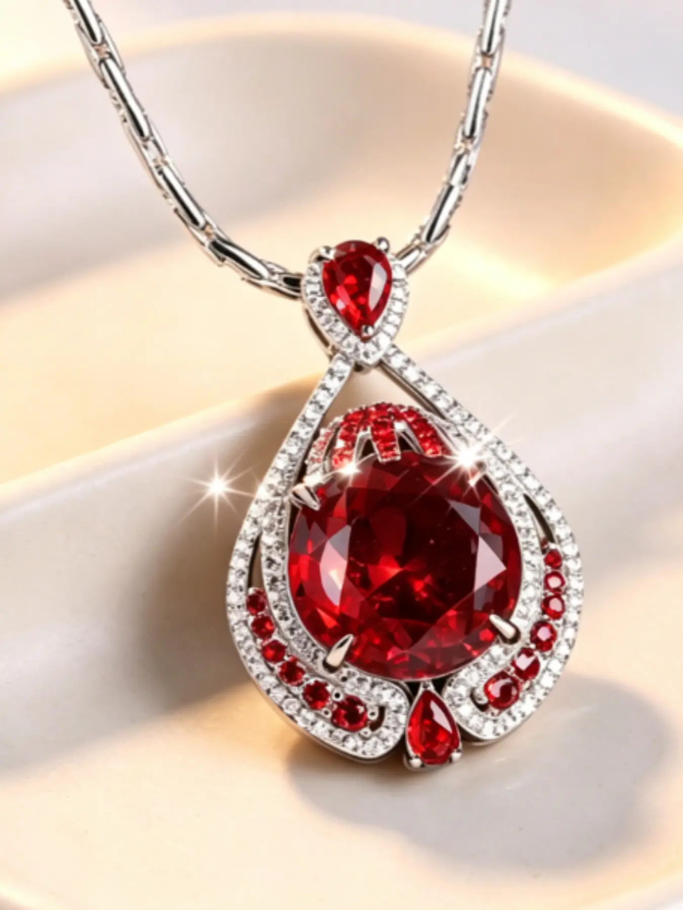 Luxurious Large Synthetic Garnet Necklace, Elegant Copper Chain, Perfect for All Occasions, Ideal for Weddings, Parties, and Daily Wear