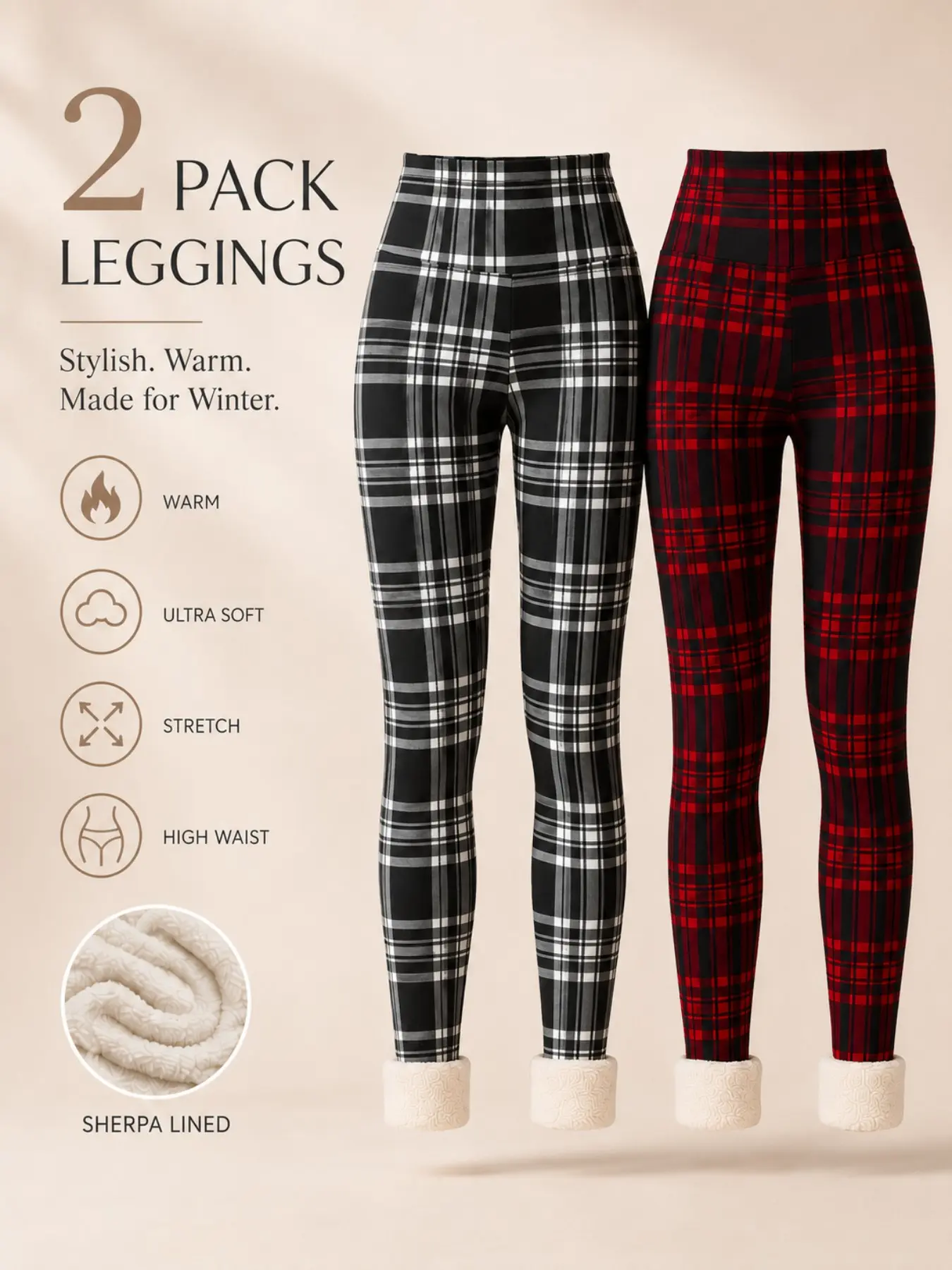 Women Autumn Winter Fleece Lined Leggings, Christmas Snowflake & Deer Plaid Printed Thermal Pants, Lamb Velvet Lined Warm Base Layer Trousers, Sizes S-XXL
