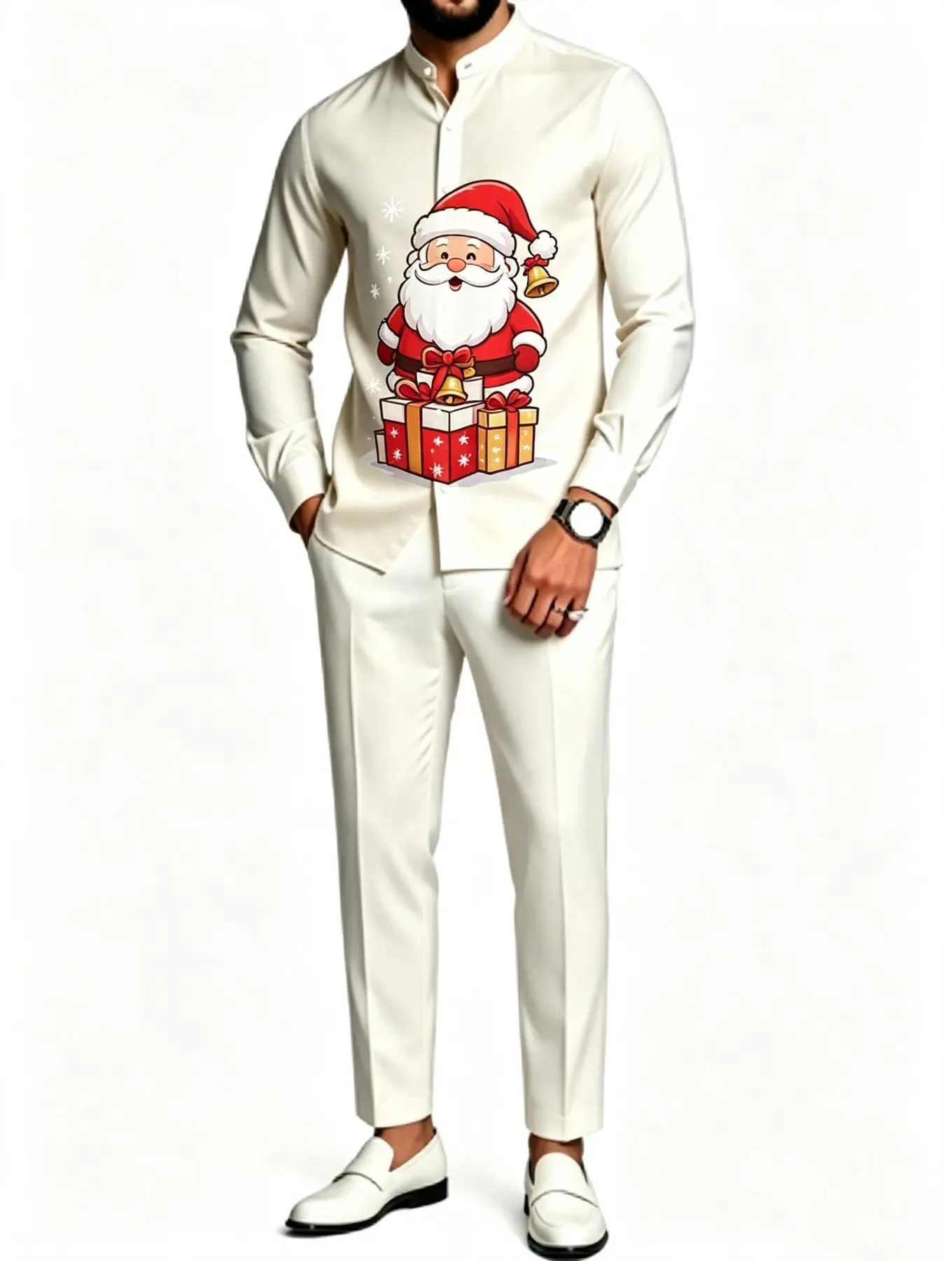 Men's Cream White Cute Santa Claus Gift Box Print 2 Piece Outfit, Long Sleeve Mandarin Collar Button Up Shirt And Matching Ankle Pants Set, Festive Christmas Holiday Party Suit For Men