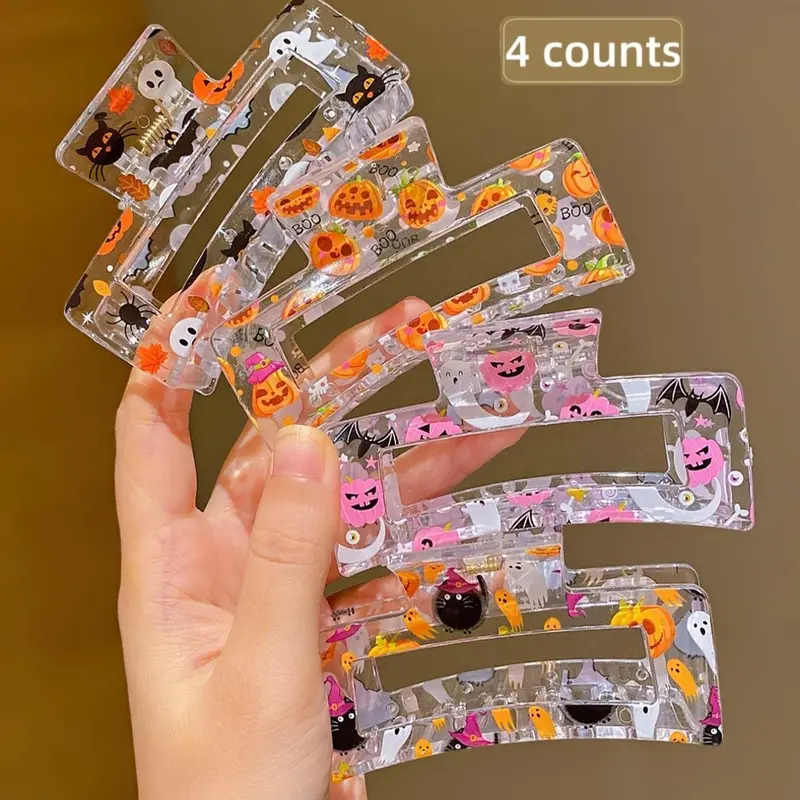 4-Count Clear Acrylic Halloween Hair Claw Clips, Pumpkin & Ghost Print, for Women Daily Hairstyle & Costume Accessories