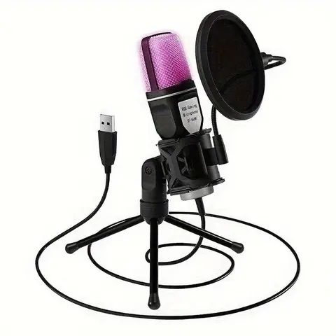 Portable Lightweight USB Microphone with Tripod, RGB Lighting Gaming Microphone, Singing Mic, Podcast Recording Mic, Condenser Microphone with PC Compatibility for PC & Laptop, Professional Audio & Video Product
