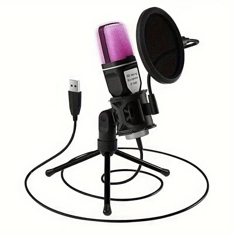 Portable Lightweight USB Microphone with Tripod, RGB Lighting Gaming Microphone, Singing Mic, Podcast Recording Mic, Condenser Microphone with PC Compatibility for PC & Laptop, Professional Audio & Video Product