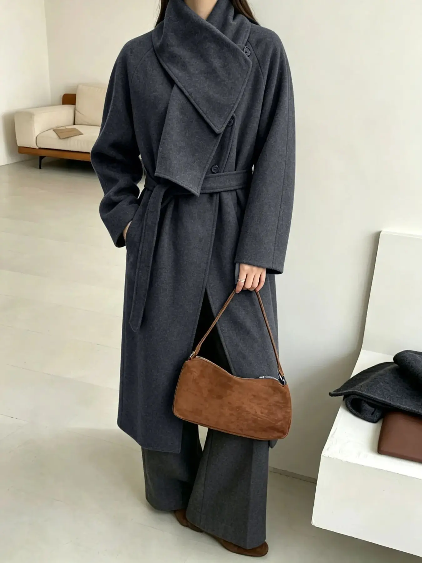Women's Luxe Scarf Collar Long Coat, Tie Belt Loose Fit Slimming Windbreaker, Minimalist Lazy Commute Outerwear, Casual Plain Style Jackets