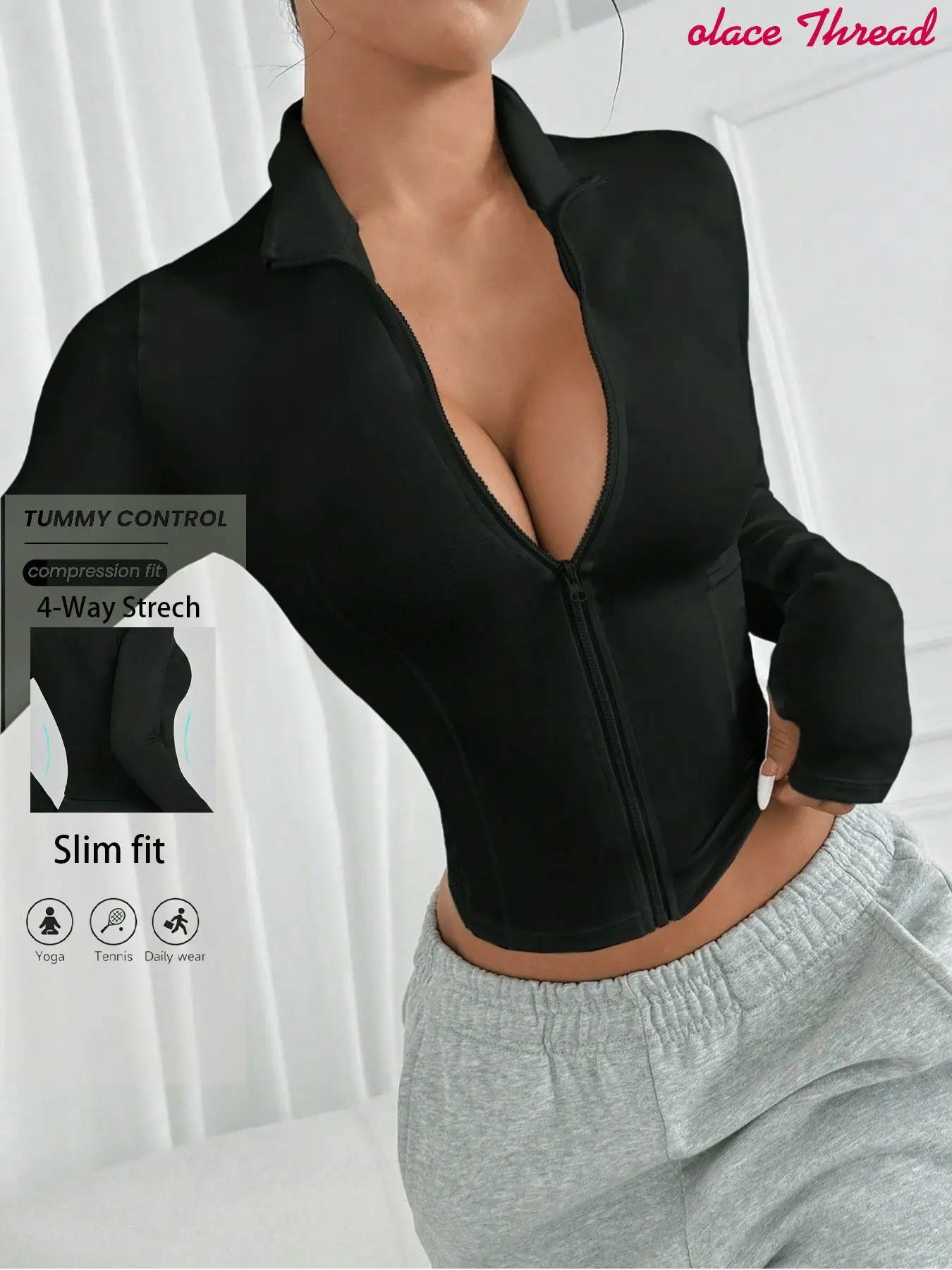Women's Slim Fit Zipper Short Sports Jacket, Waist Cinch Compressive Four-Way Stretch Long Sleeve, Thumb Hole Stand Collar Full Zip Fitness Jacket