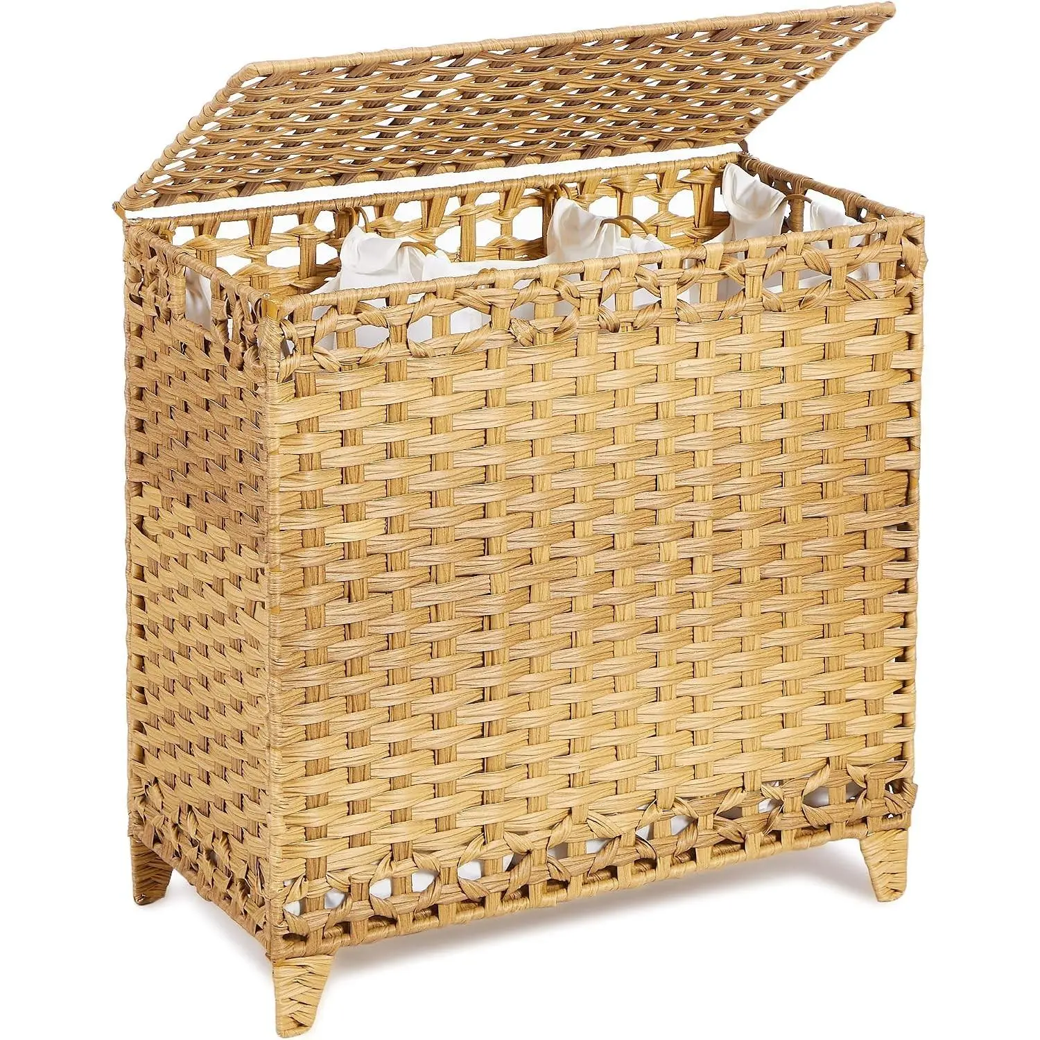 Laundry Hamper with 3 Removable Liner Bags; 132L Handwoven Rattan Laundry Basket with Lid & Heightened Feet; Clothes Hamper with Side Handles; Laundry Sorter with 3 Separate Sections