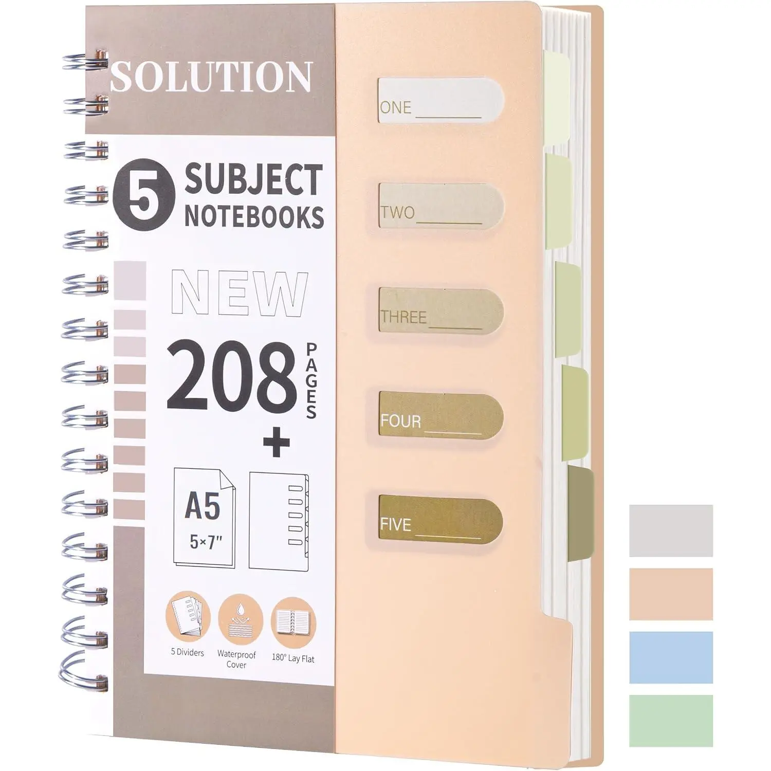5 Subject Spiral Notebook College Ruled with Dividers & Tabs,5x7,Green