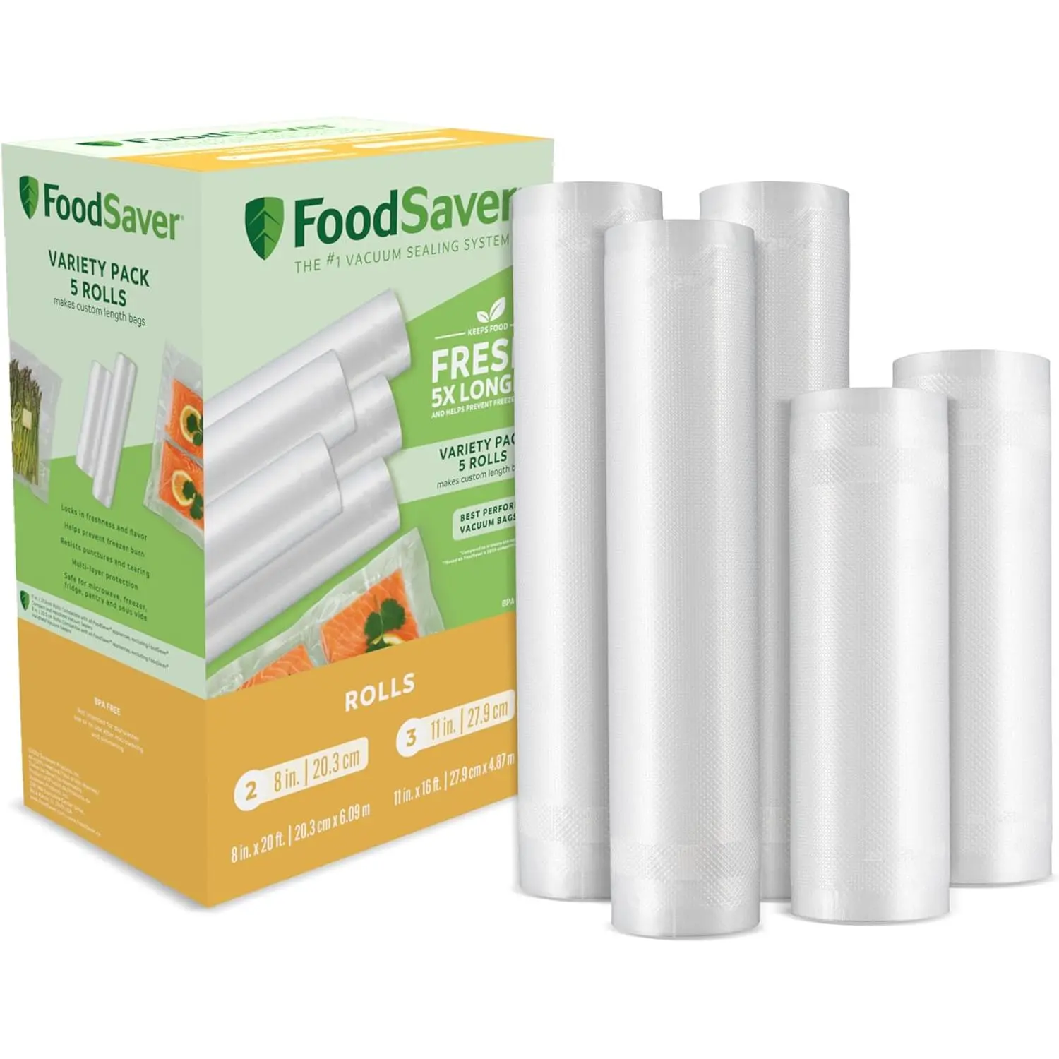 Vacuum Sealer Bags Multipack, 5 Count Rolls for Airtight Food Storage and Sous Vide - 8 Inch (2 Pack) and 11 Inch (3 Pack)