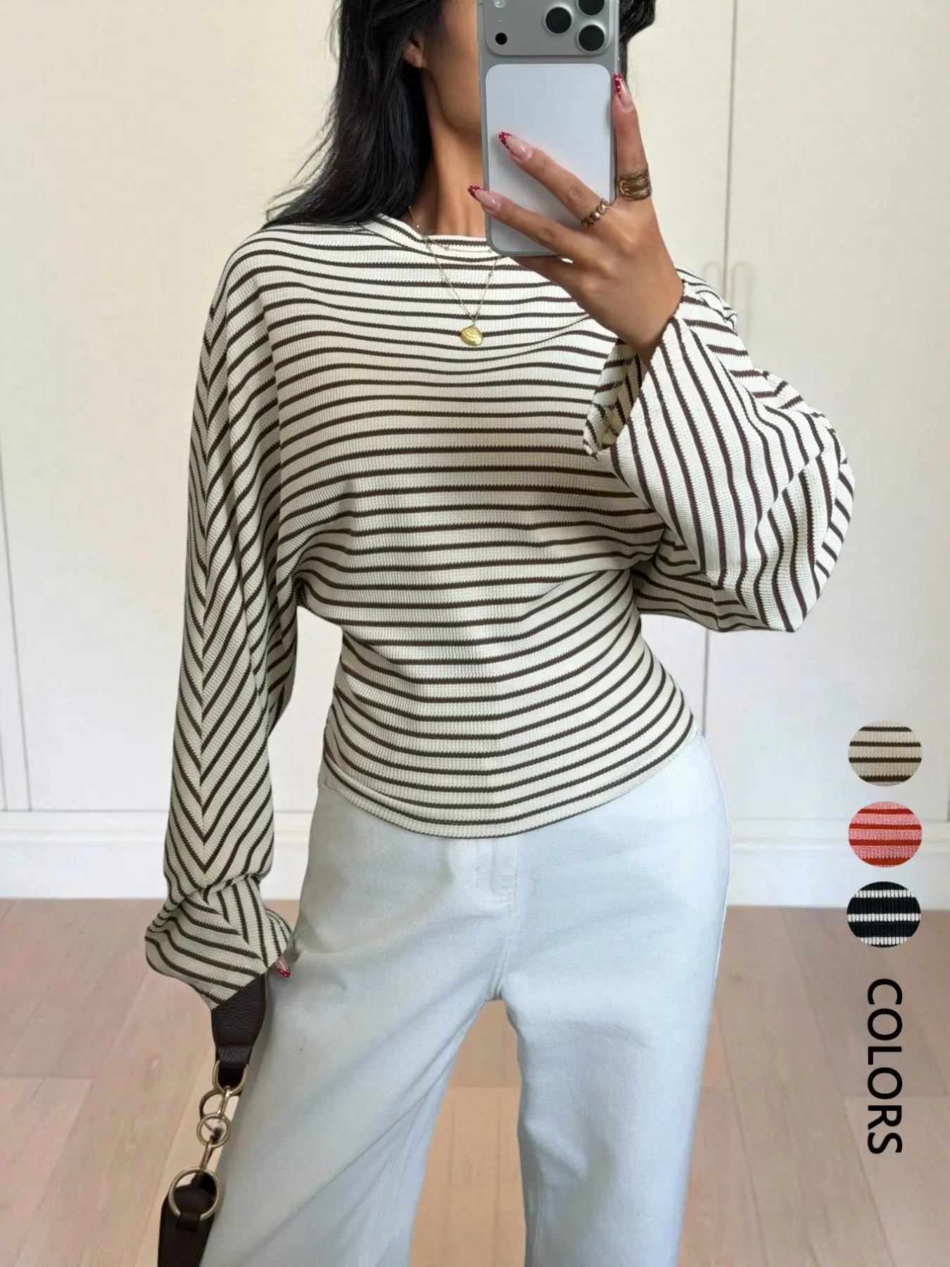Women's Striped T-Shirt, Round Neck Batwing Sleeve Waist Cinch Top, Fashion Casual Versatile T-Shirt, Soft Comfortable Waffle Stripe Shirt