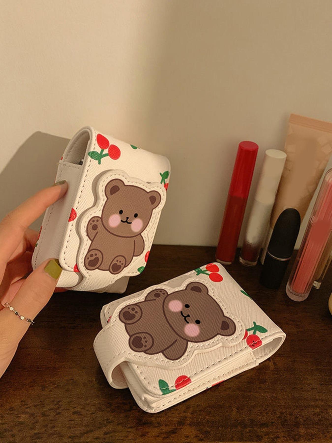 Father's Day Gifts, Cute Cartoon Bear & Cherry Pattern Makeup Bag with Mirror, Back To School, Portable Travel Makeup Bag, Cosmetic Storage Bag, Makeup Organizer Pouch for Women & Girls,