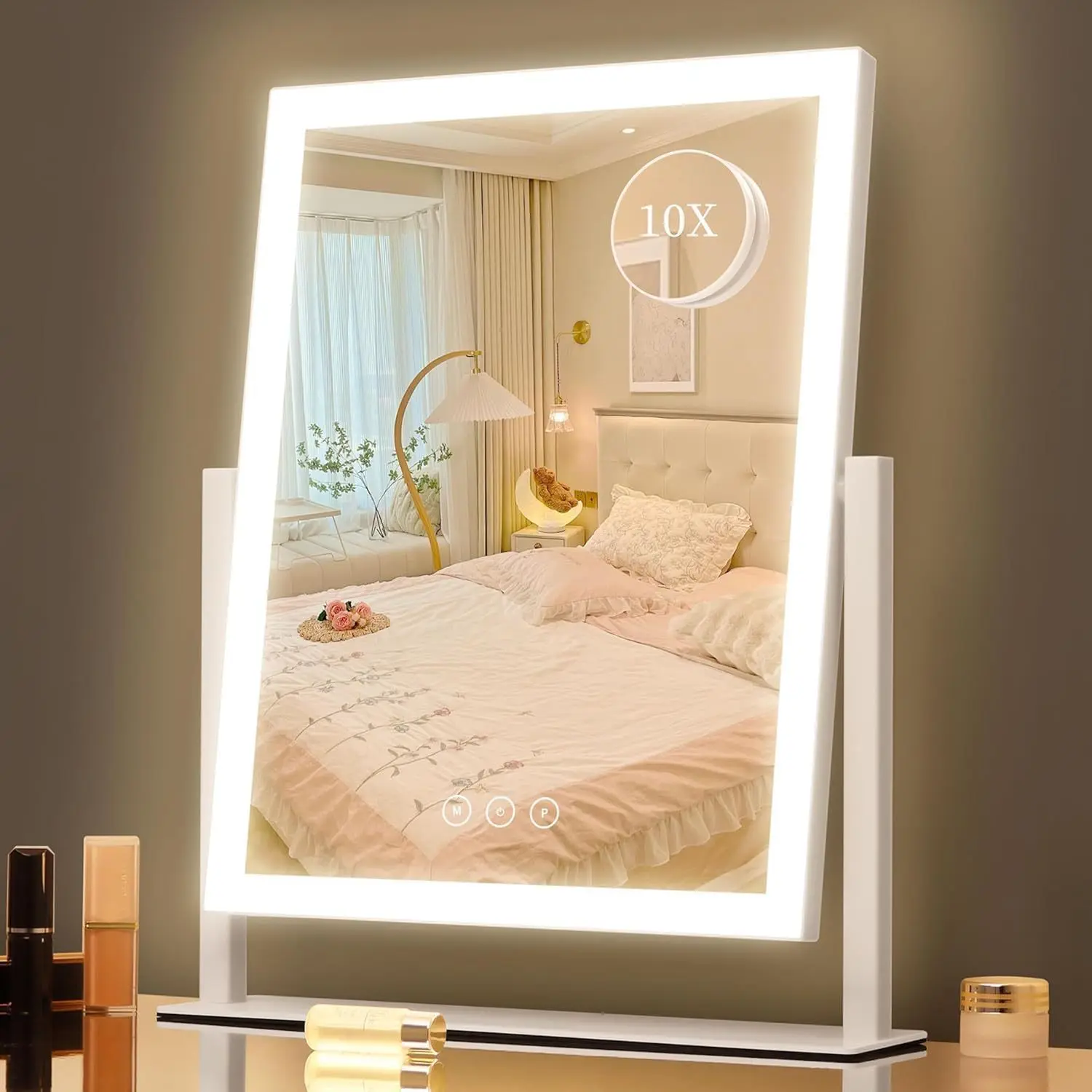 14 Inch LED Vanity Makeup Mirror with Lights, Large Metal Frame Lighted Tabletop Mirror with 3 Color Dimmable Touch Control, 360° Rotation for Bathroom Bedroom