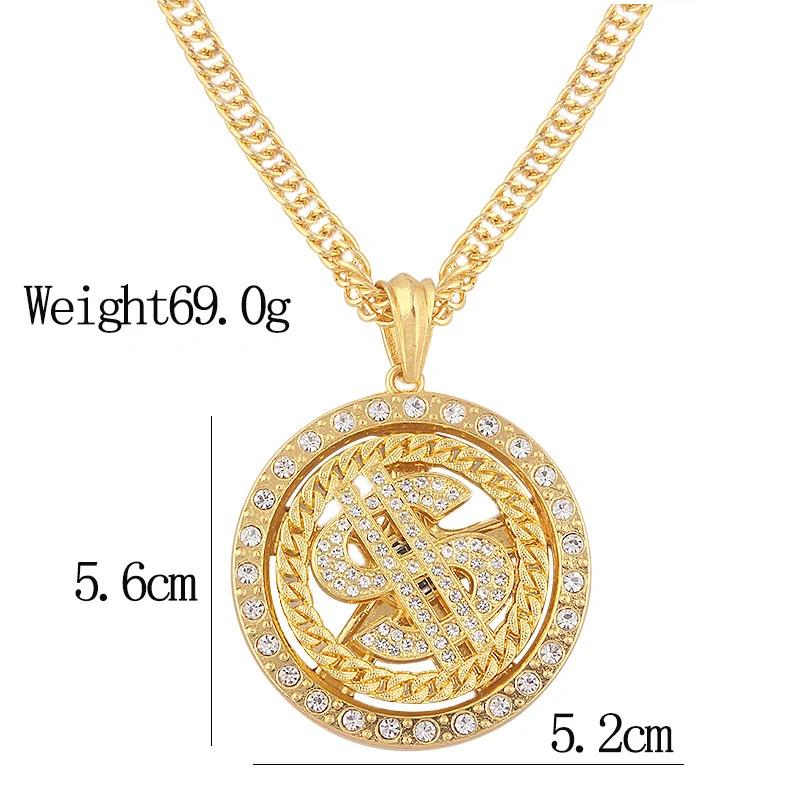 Big Rotatable US Dollar Money Sign Pendant Necklace Rapper Hip Hop Punk Long Chain Women's Statement Gift Jewelry