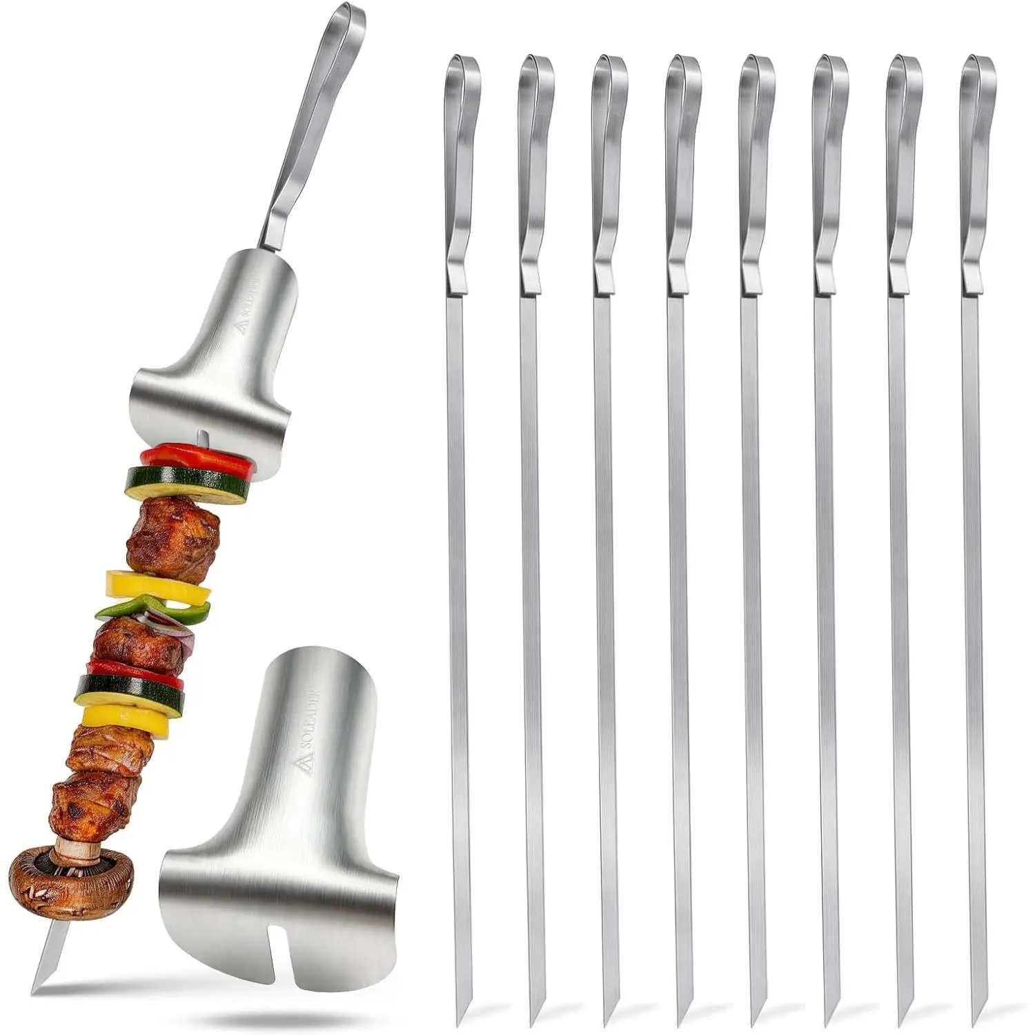 SOLEADER Stainless Steel Skewers for Grilling - 17 Inch Metal Kabob Skewers with Pusher Handle, Dishwasher Safe, for Chicken Beef Shrimp Veggie BBQ & Camping 9-Pack