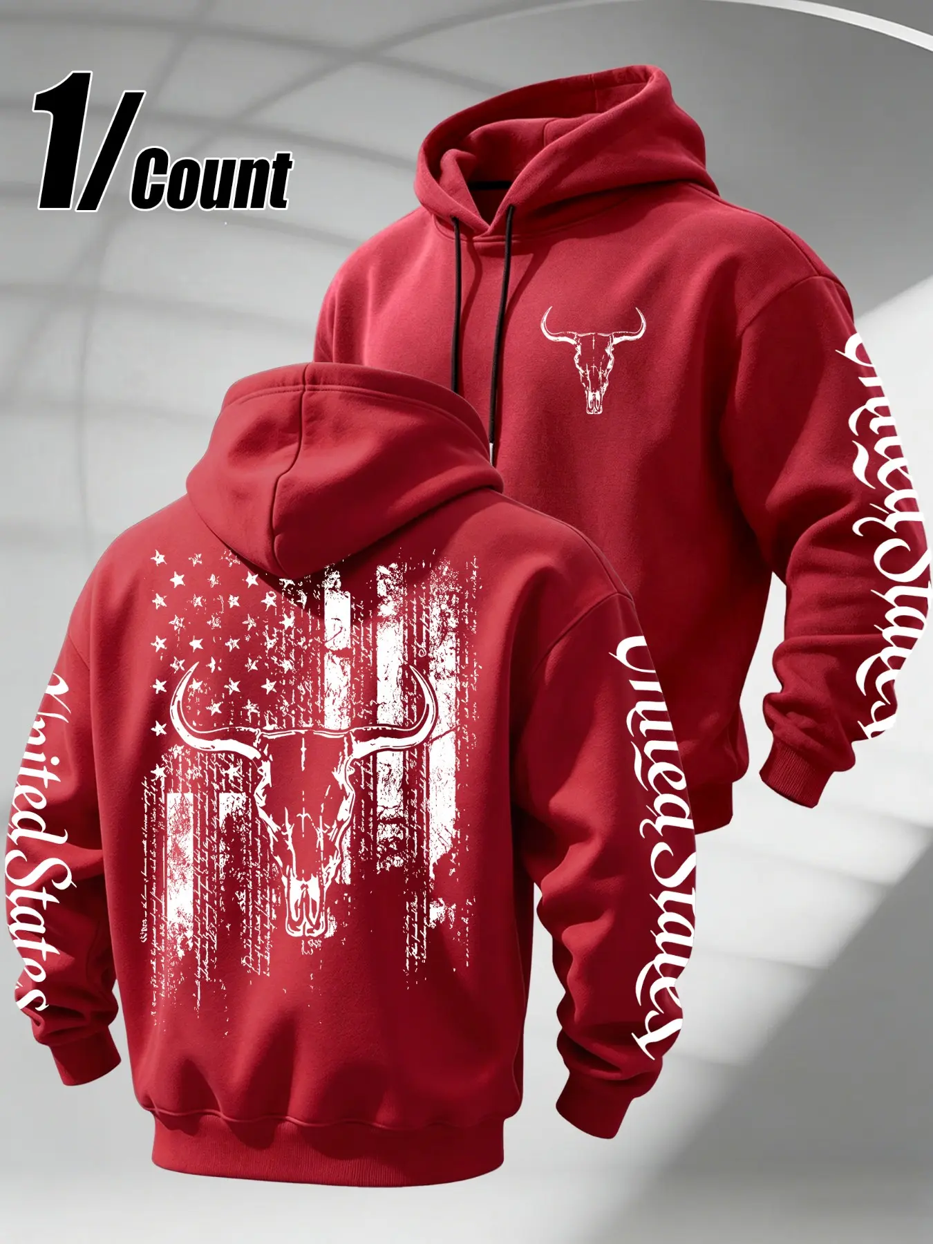 Men Pullover Hoodie Vintage Distressed Bull Skull Graphic Print Long Sleeve Hooded Sweatshirt Retro Western Street Style Casual Daily Wear Outerwear