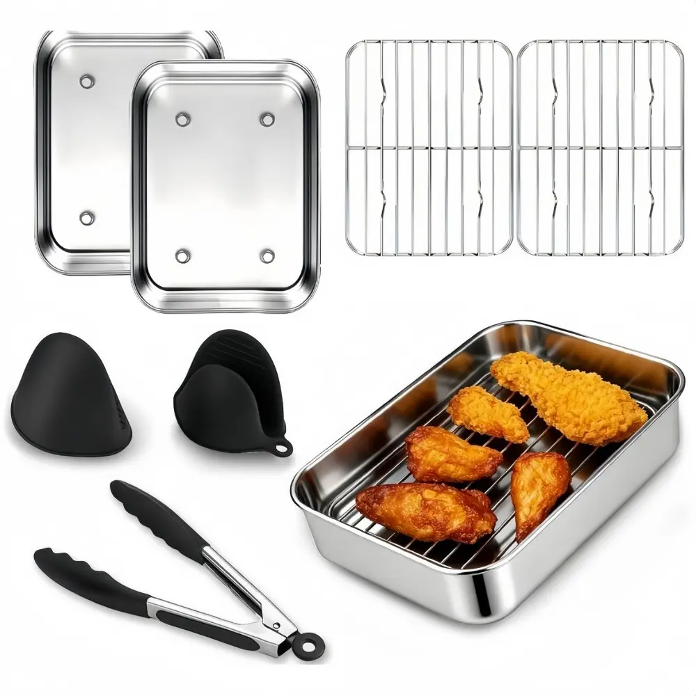 Stainless Steel Air Fryer Tray Set, Includes Oil Drainer, Silicone Heat Resistant Clips, Gloves, Universal Baking Tools for Rectangular Air Fryers