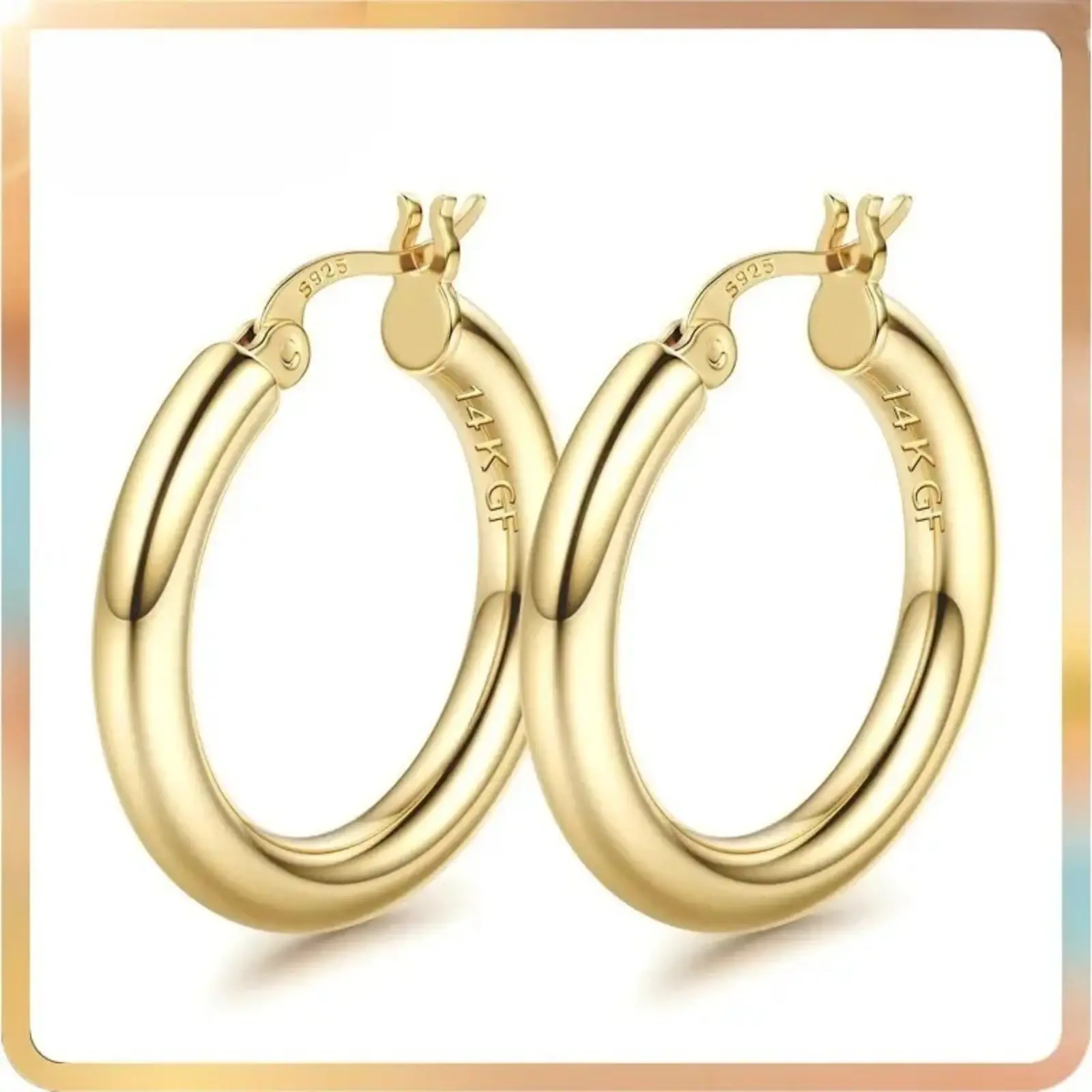 14K Gold Plated Chunky Hollow Tube Hoop Earrings for Women, 4mm Thick Large Hoops with 925 Sterling Silver Posts, Hypoallergenic Lightweight Earrings, Available in 25/30/40/50/60/70MM, Versatile Daily Gold Jewelry Accessories