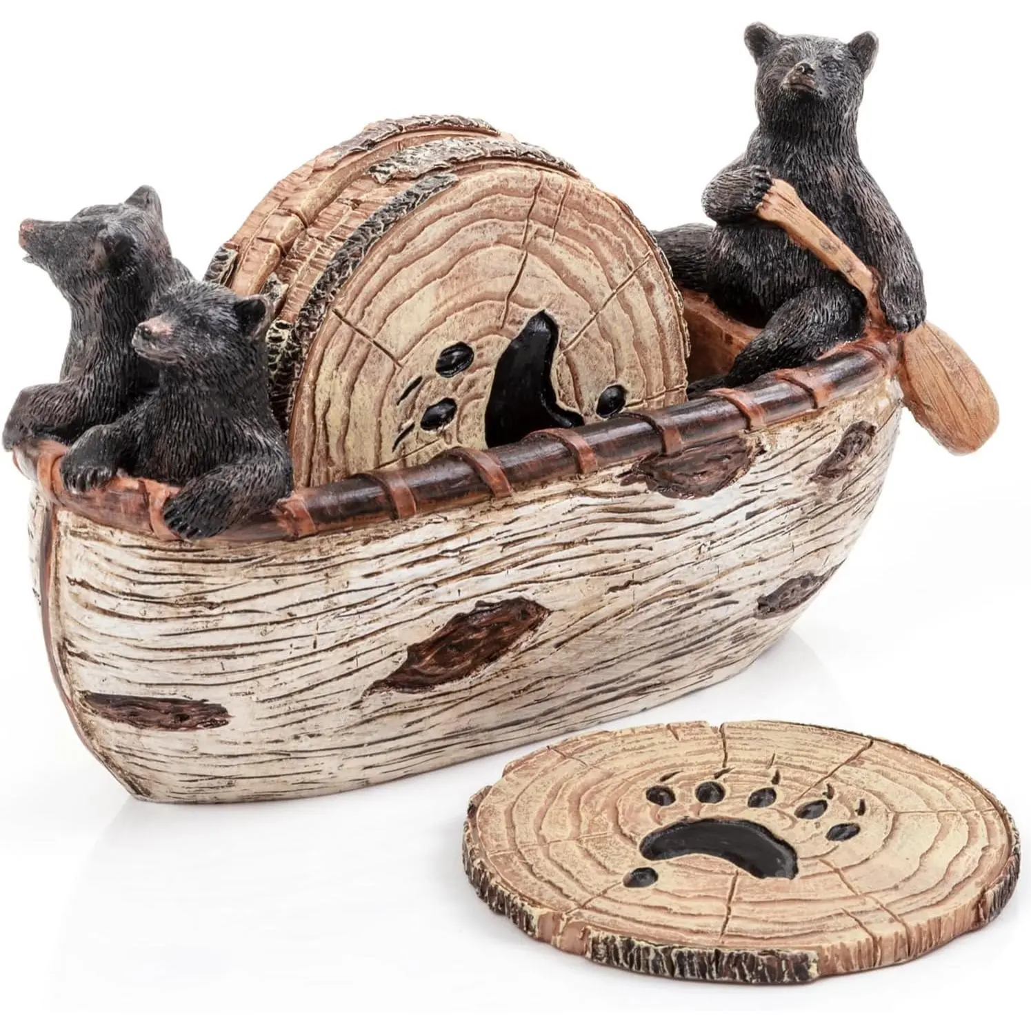 Bear Coasters Set of 6 Rustic Round Coasters - Handmade Resin Canoe with Black Bear Figurines, 3.5 in Full-Size Cabin Tableware, Hand Wash Only, Durable Glass/Metal Accent, Lodge Home Decor