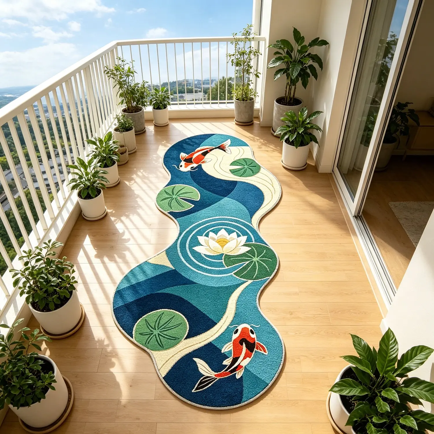 New Oriental Koi Fish Lotus Shape Rug, Polyester Fiber Rug, Home Decorative Rug, Hand Washable Long Rectangle Carpet for Living Room Bedroom, Japanese Zen Decorative Floor Mat