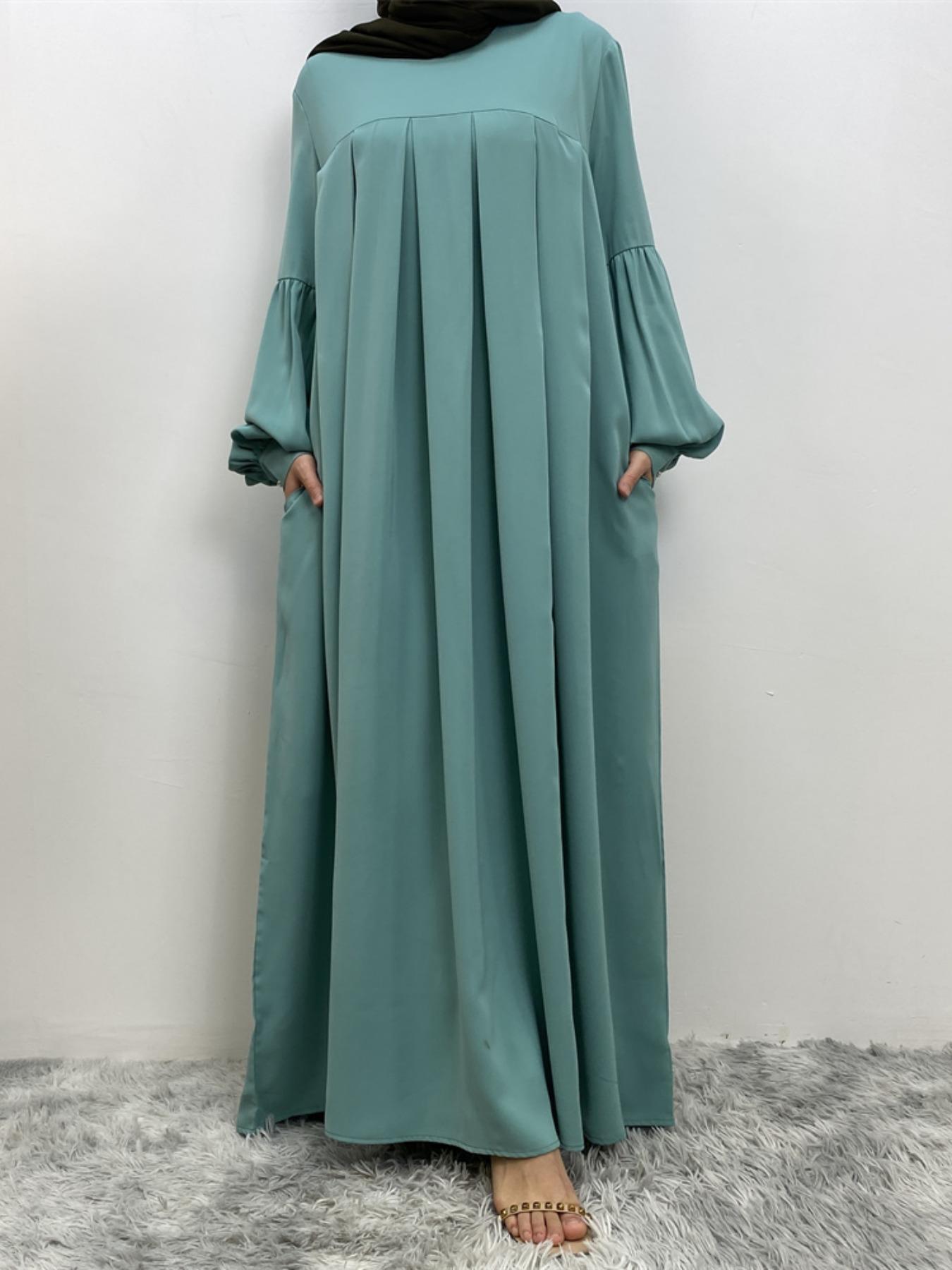 Women's Solid Lantern Sleeve Arabian Dress Without Hijab, Casual Long Sleeve Pleated Dress, Ladies Spring & Fall Clothes For Daily Wear, Summer Outfits 2024, Muslim Women Gowns