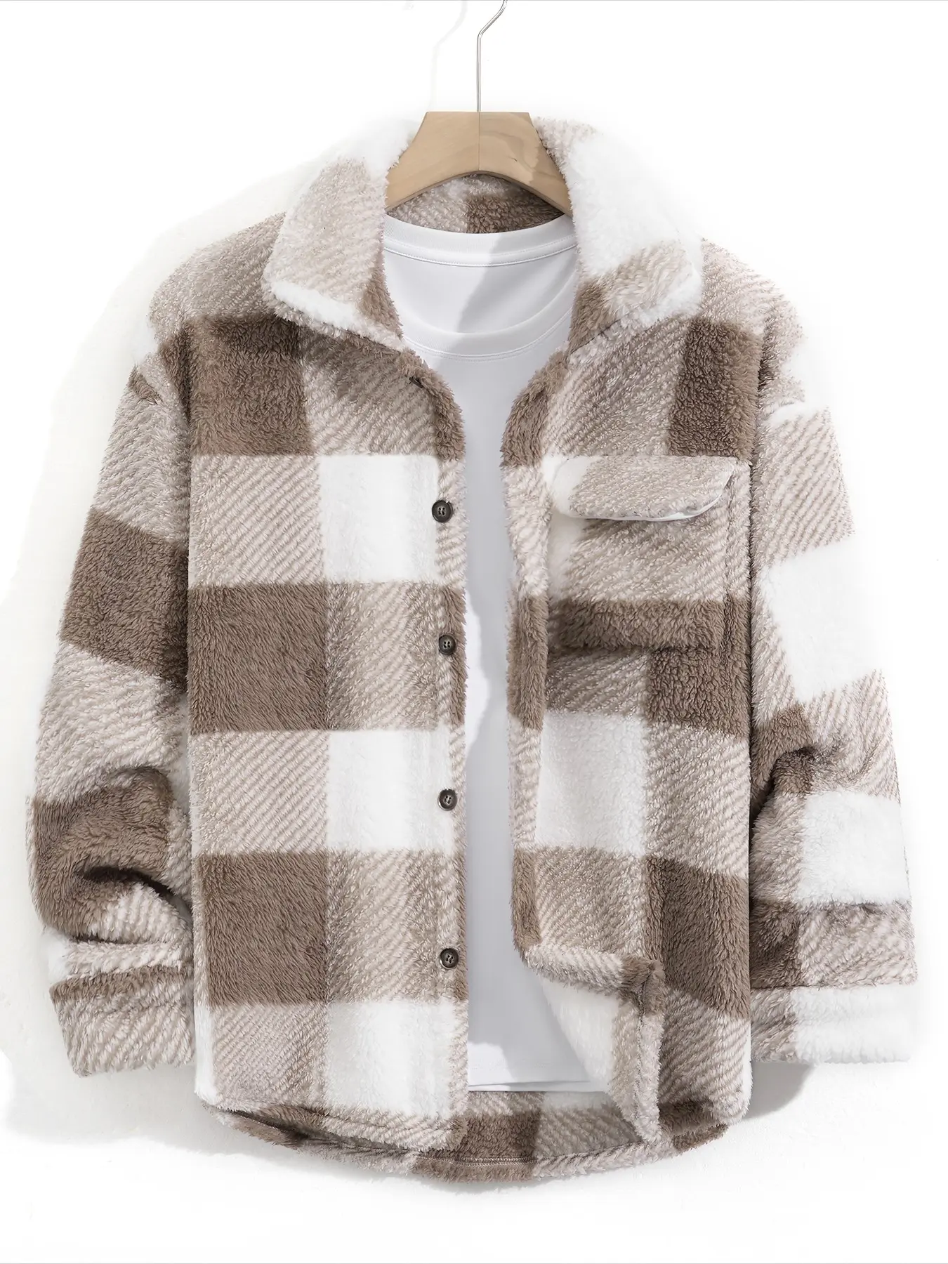 Men's Black White Plaid Fuzzy Fleece Shirt Jacket Lapel Button Up Checkered Sherpa Shacket Casual Warm Outerwear