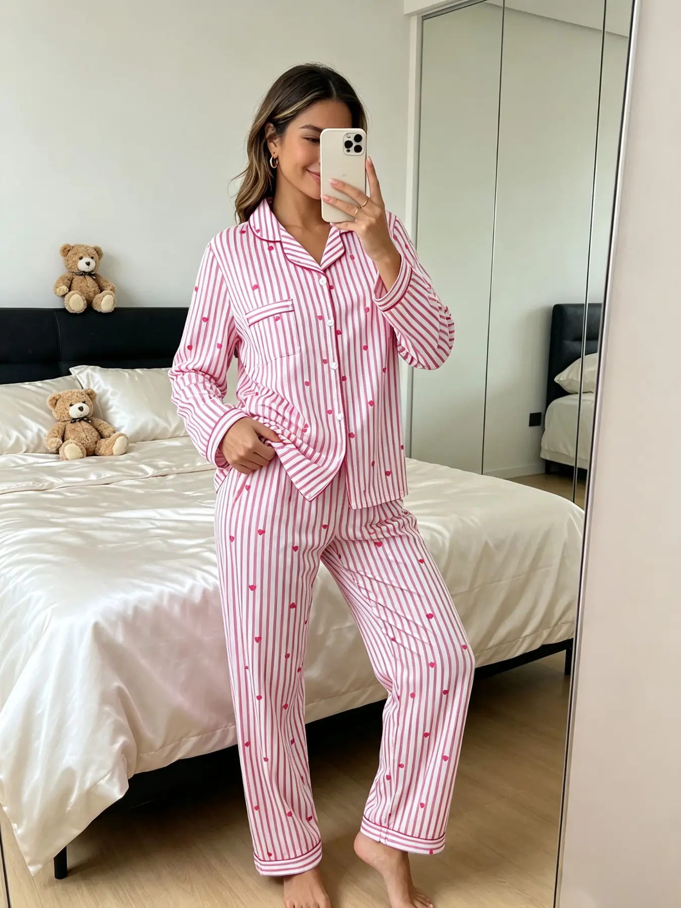 Women's Pajama Set Striped Heart Print, Comfortable Long Sleeve Button-Up Top and Elastic Pants, Casual Sleepwear for All Seasons