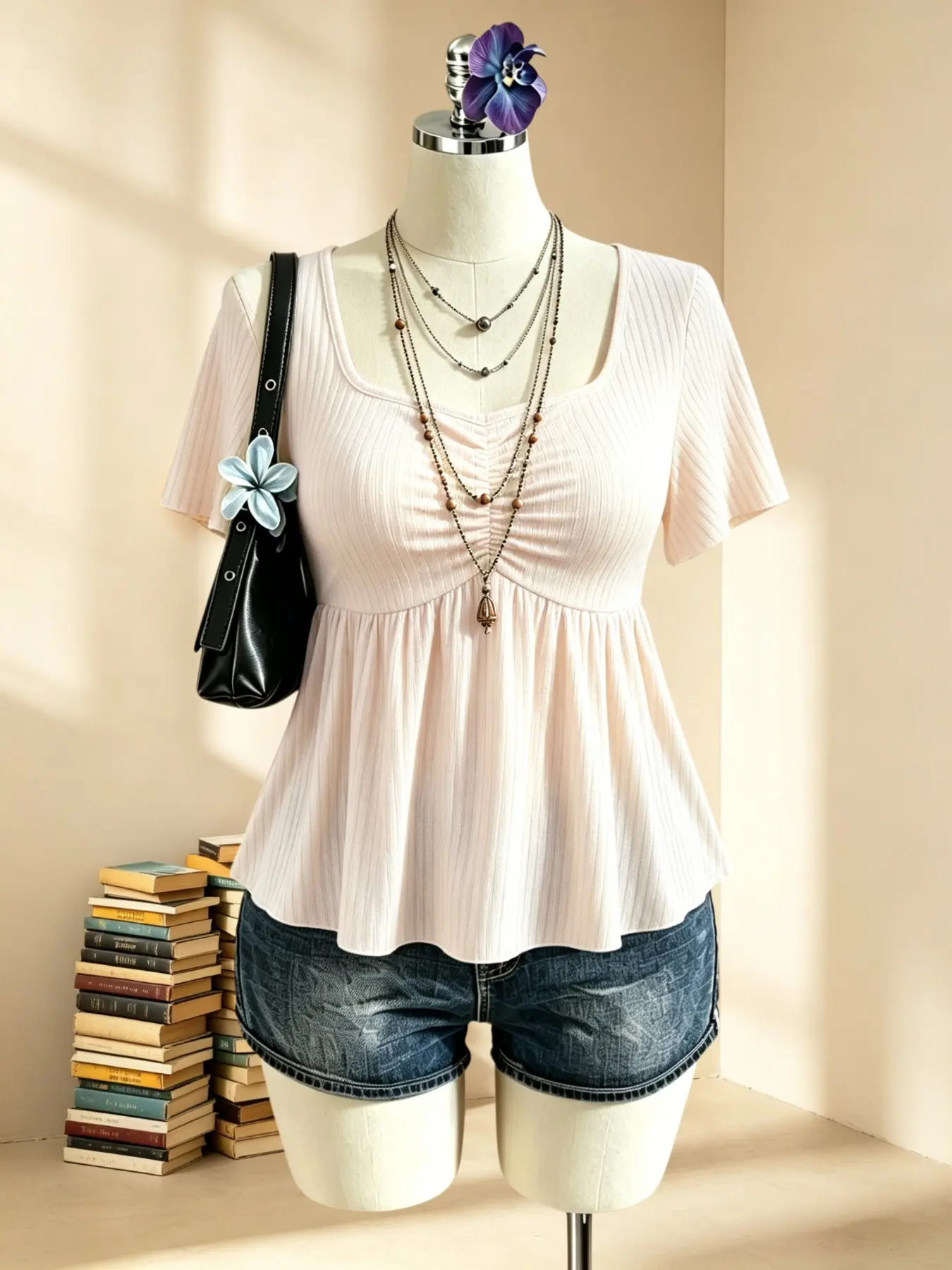 Soft Square Neck Short Sleeve Top, Loose Hem Conceals Belly, Slimming Plain Texture T-Shirt, Casual Fitted Apparel for Women