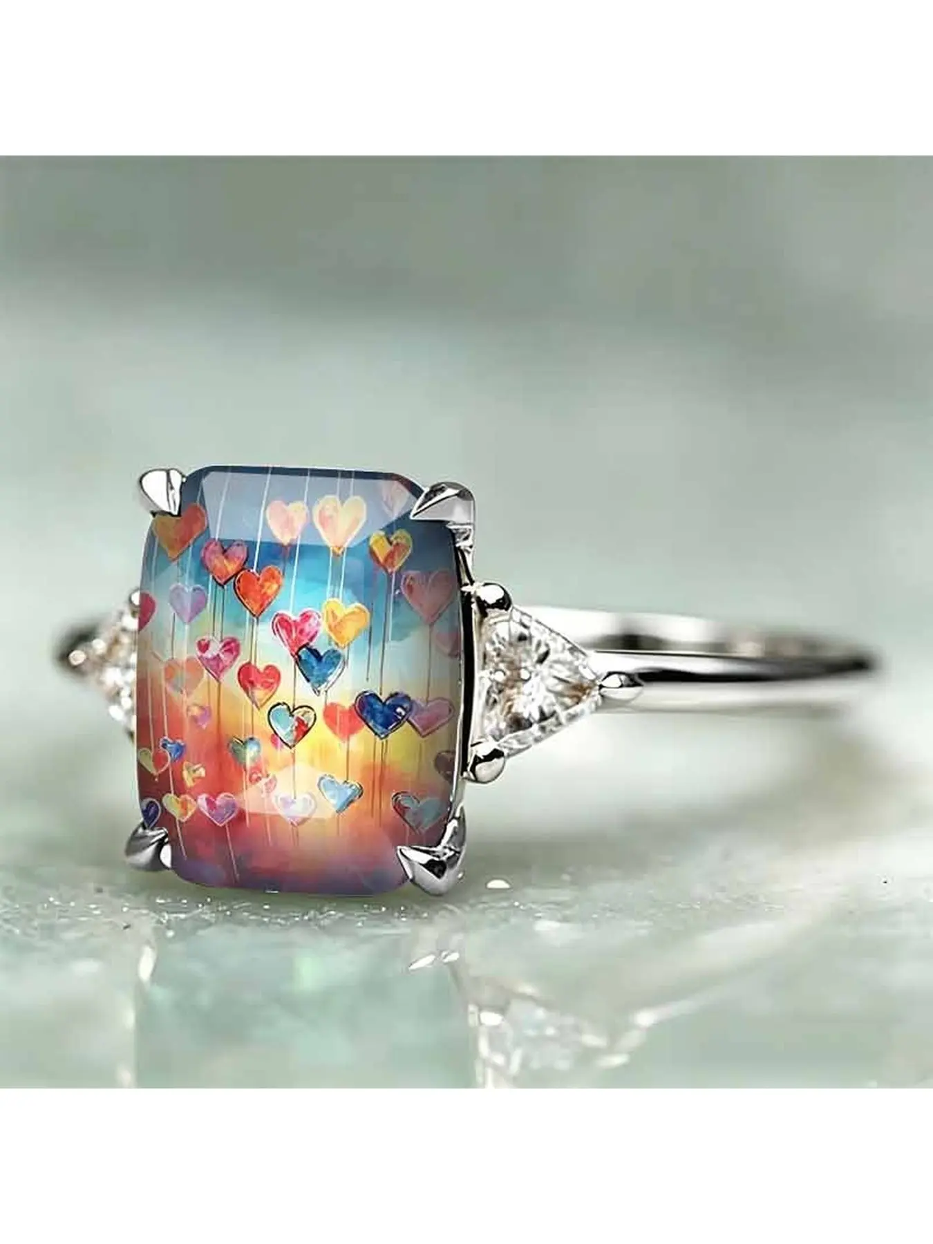 Watercolor colored heart-shaped balloons color-printed silver ring, romantic heart-shaped triangle diamond finger ring