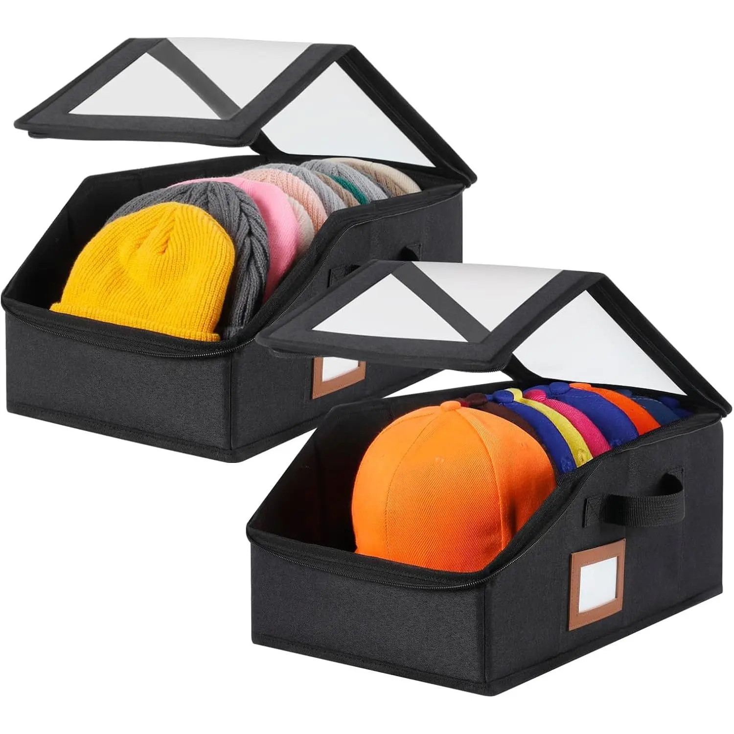 2 Pack Hat Storage for Baseball Caps-Holds Up to 28 Caps, Hat Organizer for Closet Stackable Hat Box with Cardboard, Dust-proof Beanie organizer with 2 Handles for  Travel (Black, 2Pack-Small)