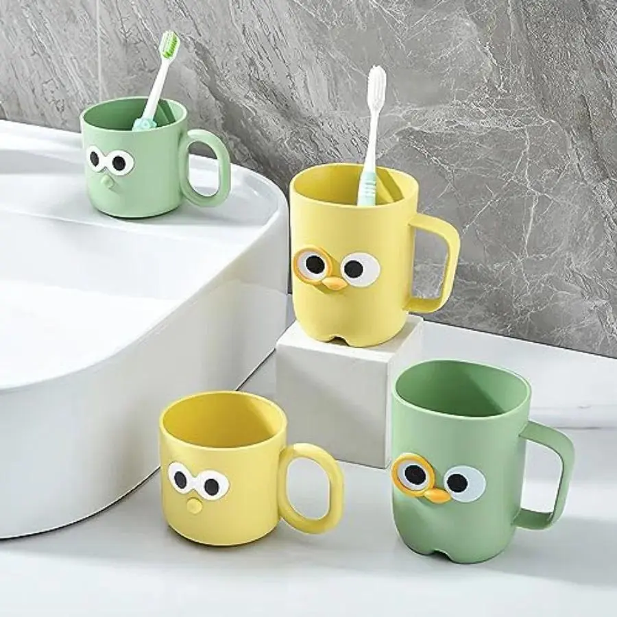 Unisex 4-Piece Cute Cartoon Bathroom Tumbler Set - Unbreakable Reusable Plastic Toothbrush Holders, Dishwasher-Compatible Small Bathroom Accessory Sets, Household Drinking Cups, Tumbler Cups, Four Pieces