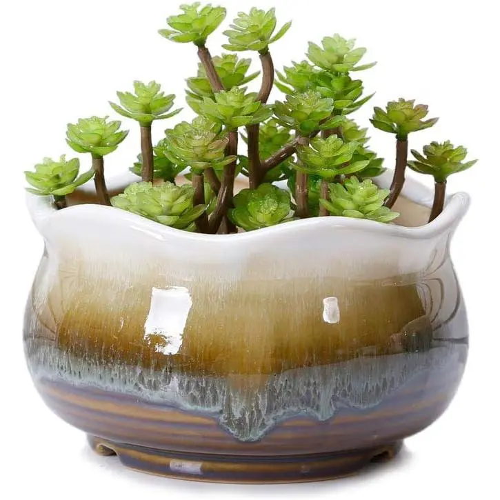 Large Ceramic Succulent Pot, Multicolor Colorful Flowing Glazed, Indoor  Décor Cactus Flower Bonsai Pot Planter Container, Candle Holder Ring Bowl (Brown C)