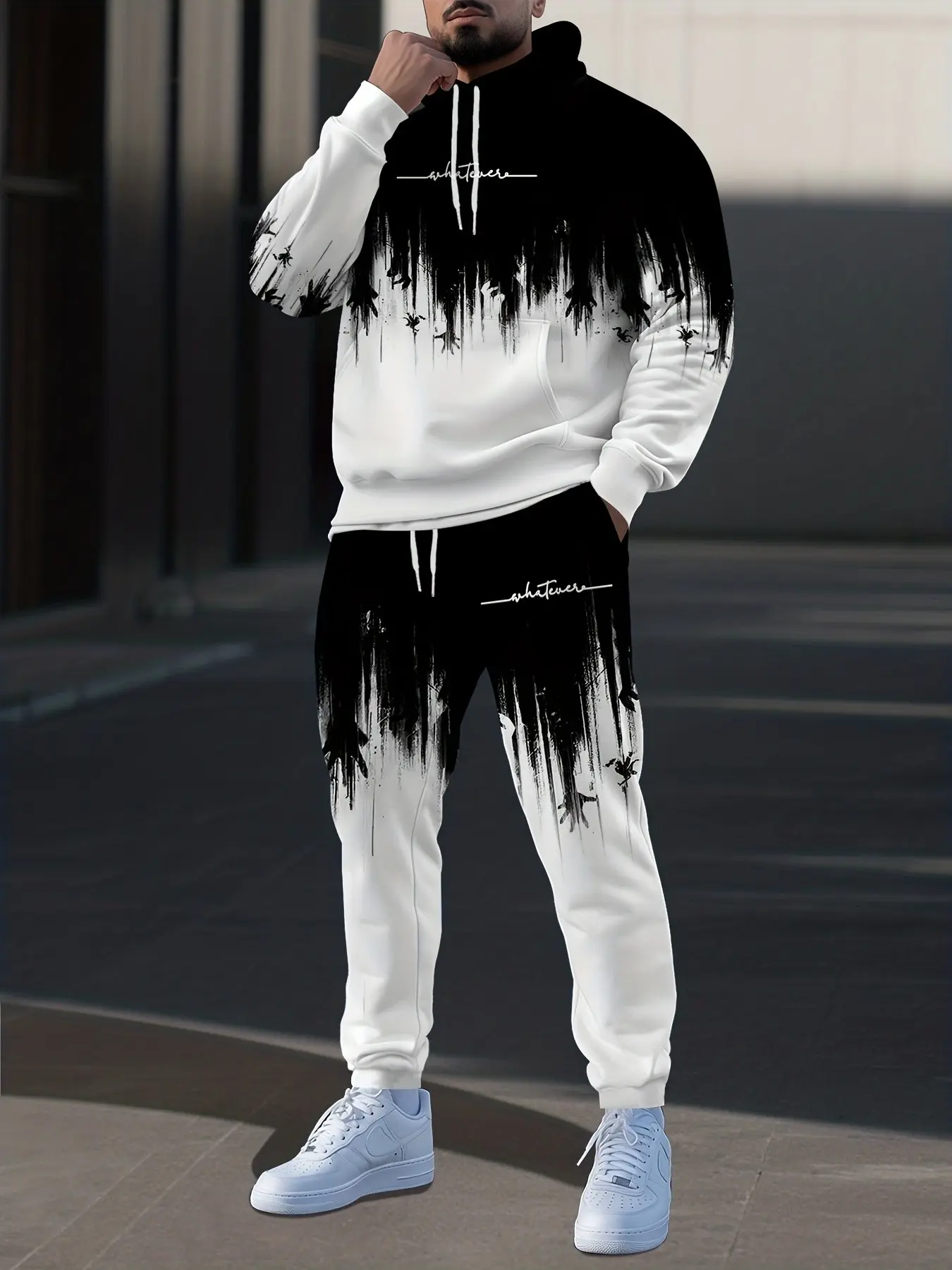 Men's Gradient Print Hooded Sweatshirt Set, Casual Sporty Two-Piece, Trendy Loose Fit Jacket and Long Pants