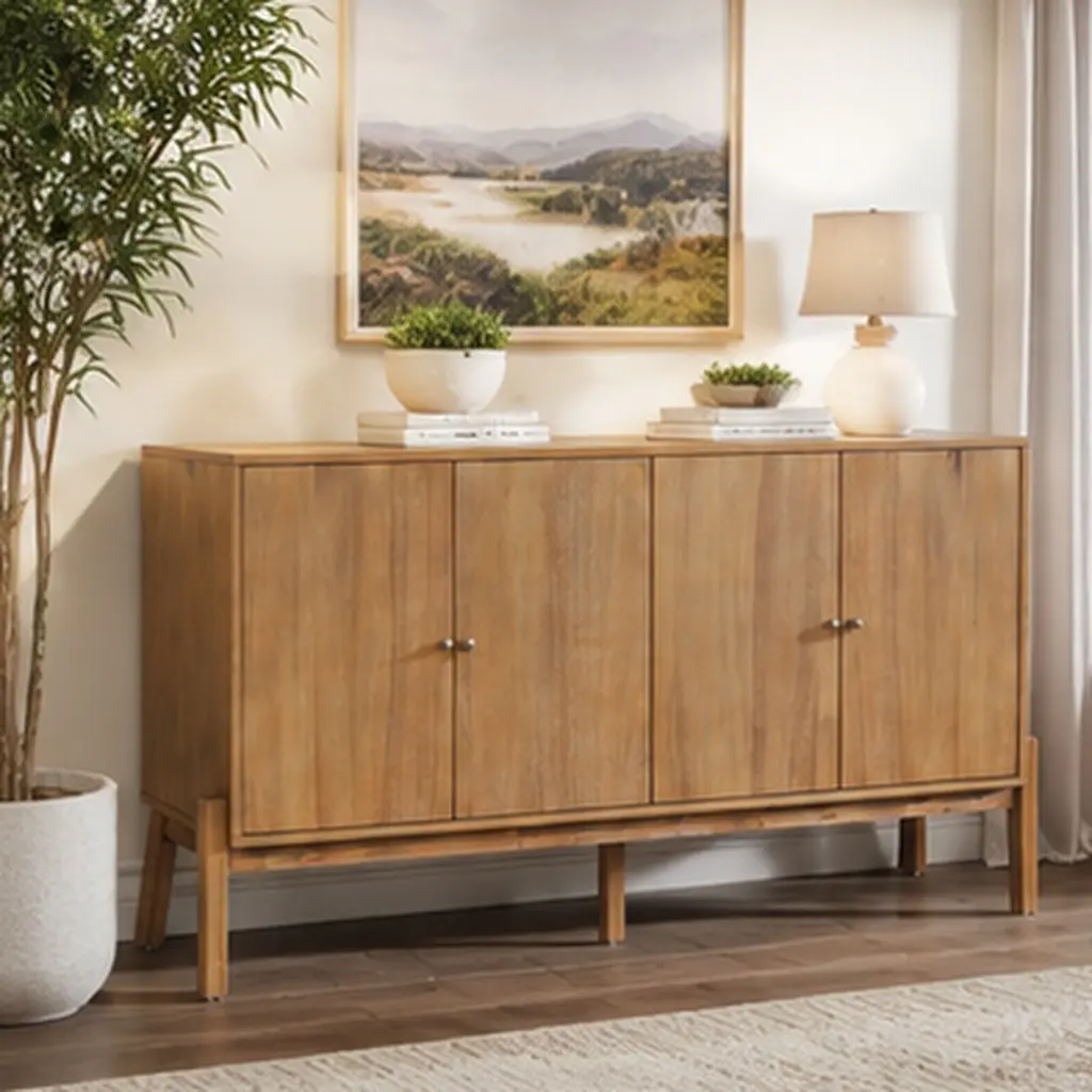 ARCH Vintage Sideboard Buffet Cabinet 60Wx18Dx34.2H 4-Door Storage with Adjustable Shelves MDF Acacia Veneer Natural Finish for Dining Room Living Room Entryway, Natural Color Options, MDF + ACACIA Material, Product Dimensions: 18.00 W x 60.00 D x, Wood,