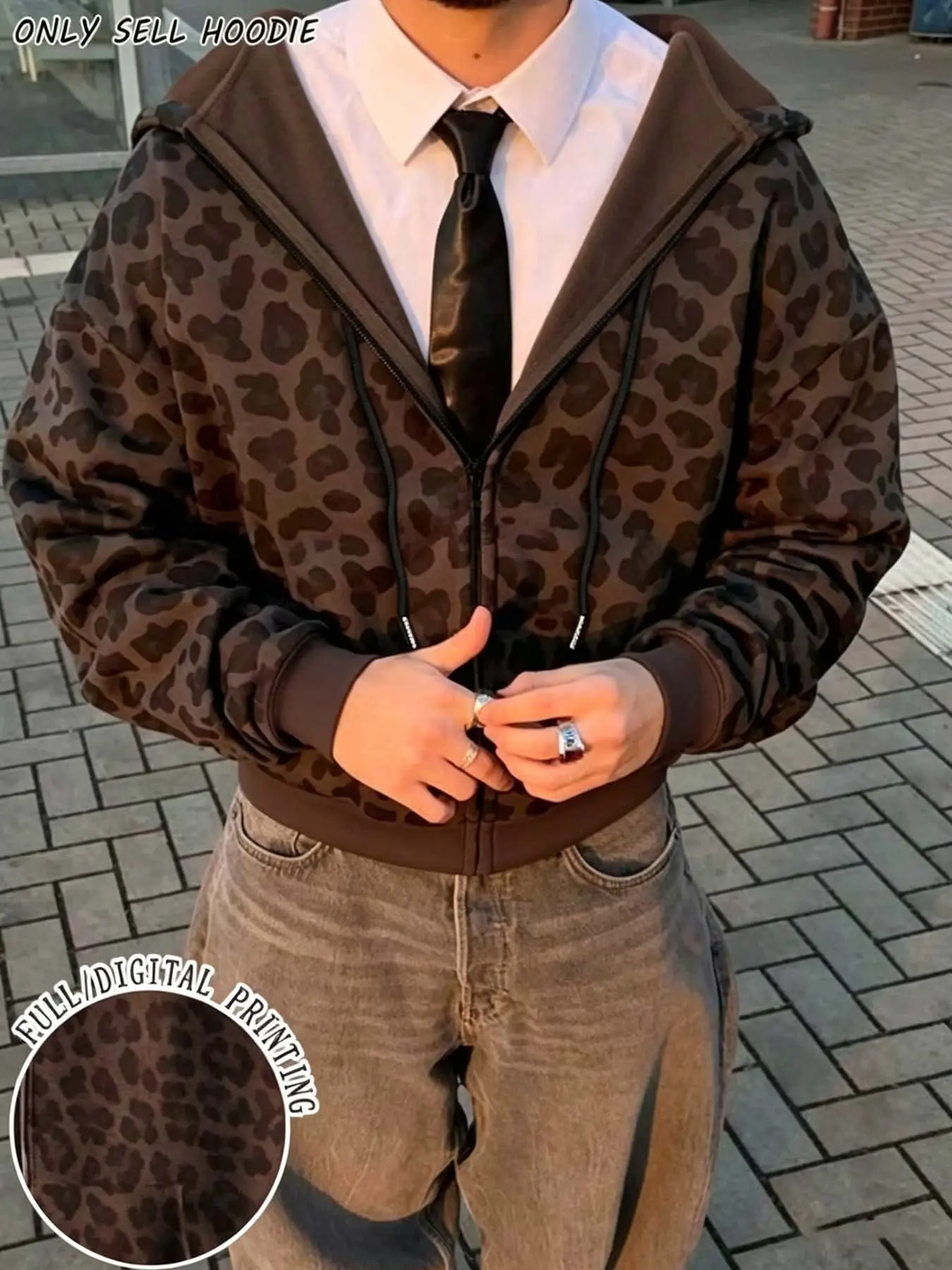 Men's brown leopard print zip-up hoodie, Y2K loose street jacket, made of soft and comfortable casual fabric, perfect for street style photos, weekend hangouts, and everyday walks, Casual print clothes