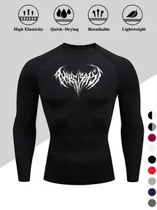 Men's Thistle Print Compression Training Shirt, Long Sleeve Sporty Base Layer Top for Cold Weather, Polyester & PU Fabric, Round Neck, Tight Fit, Fitness Outfits, Workout Apparel, Fitness Shirts