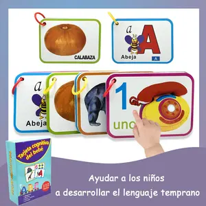 Spanish Early Learning Flashcards, 4 Themes Included, Alphabet Numbers Animals Fruits Vegetables, Baby Literacy Cards, Waterproof Durable