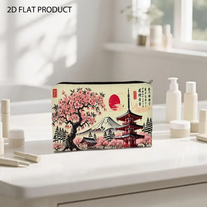 Vibrant Japanese Landscape Print Cosmetic Bag, 5.9*8.66inch Colorful Pouch with Cherry Blossoms, Mount Fuji, Red Pagoda & Traditional Art Details, Stylish Organizer for Makeup Storage & Daily Travel Use