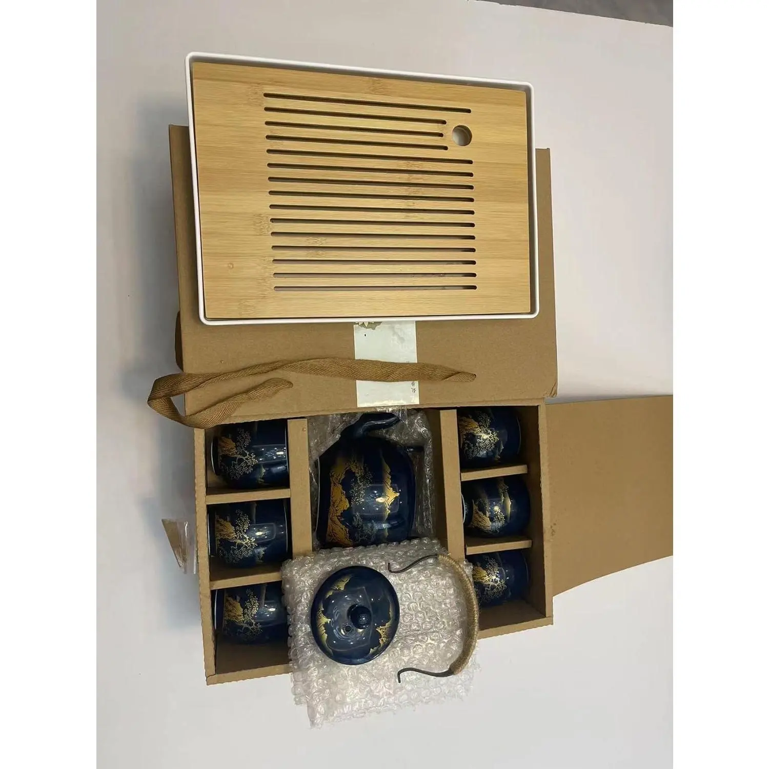 Black Glazed Japanese Tea Set in Gift Box with Teapot Tea Strainer Tea Tray 6 Tea Cups, Ideal for Home Office, Great for Tea Lovers Landscape Blue
