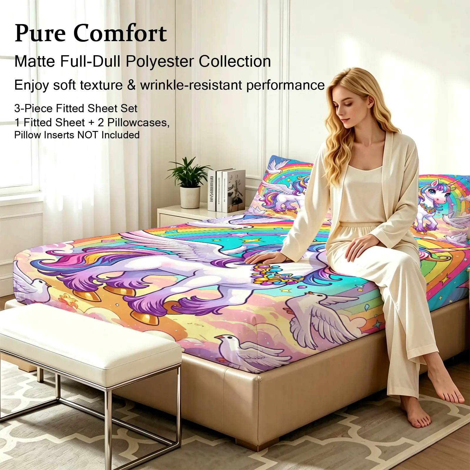 3pcs Fitted sheet Rainbow Unicorn Pattern Ultra Soft Microfiber Bedding Set Wrinkle Resistant Fade Proof Breathable for Bedroom Hotel Home Twin Full Queen King Size