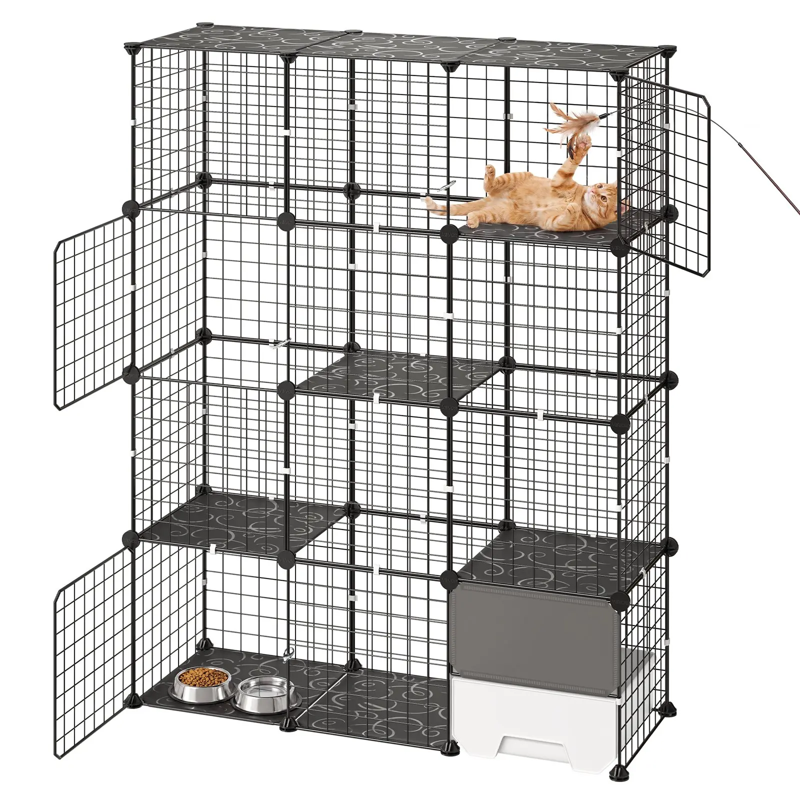 VEVOR Cat Cage 4-Tier 40.98"x13.98"x55" DIY Cat Playpen with Litter Box, Indoor Enclosure Detachable Metal Wire Kennel Crate, Large Exercise Place for 1-2 Cats, Kittens, Ferret, Small Animals, Black