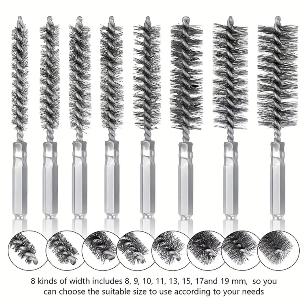 8PCS 304 Stainless Steel Wire Brush Set, 1/4 Hex Shank Drill Brushes for Rust Removal, Deburring, Pipe, Thread, Bearing and Port Cleaning, Polishing Tool Kit for Auto, Kitchen and HVAC Use