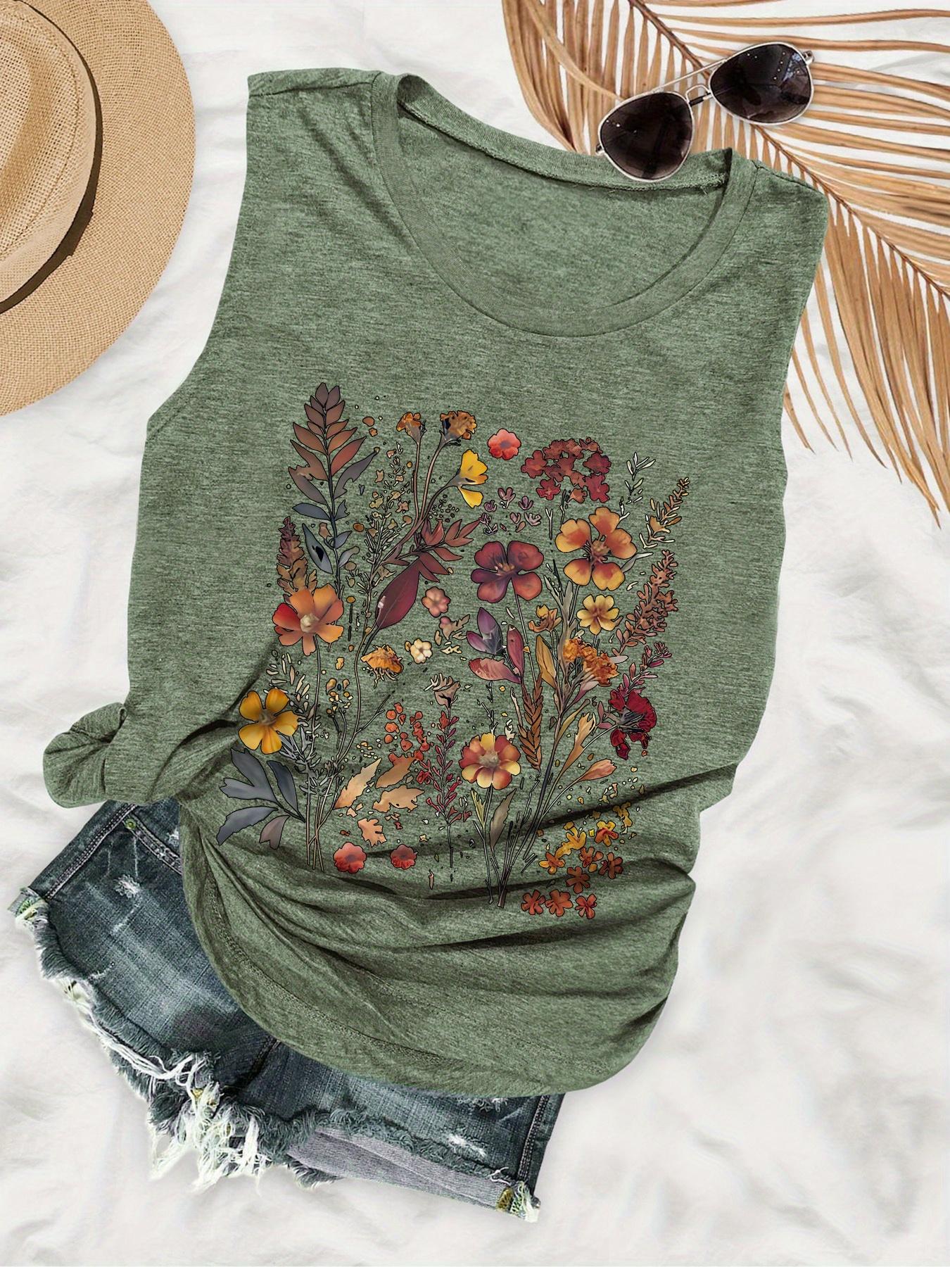 Women's Floral Print Round Neck Tank Top, Vintage Trendy Casual Boho Bohemian Elegant Chic Sleeveless Top for Daily Wear, Vest Top, Ladies Tops for Summer, Summer Clothes Women, Womenswear, Fitted Feminine, Soft Top Women