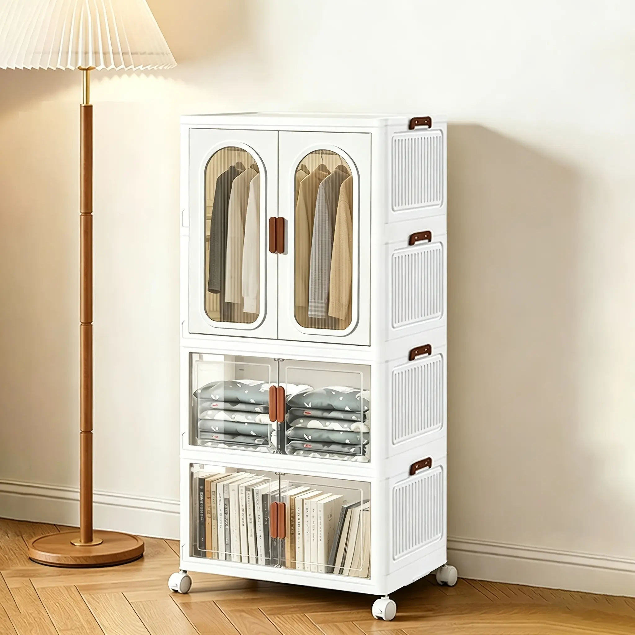 Foldable Storage Cabinet, Transparent Visible Wardrobe, Entrance Storage Cabinet, Foldable Wardrobe, Suitable for Home, Workplace, Dormitory (Double Door Arched Transparent Window Design), Portable Closets