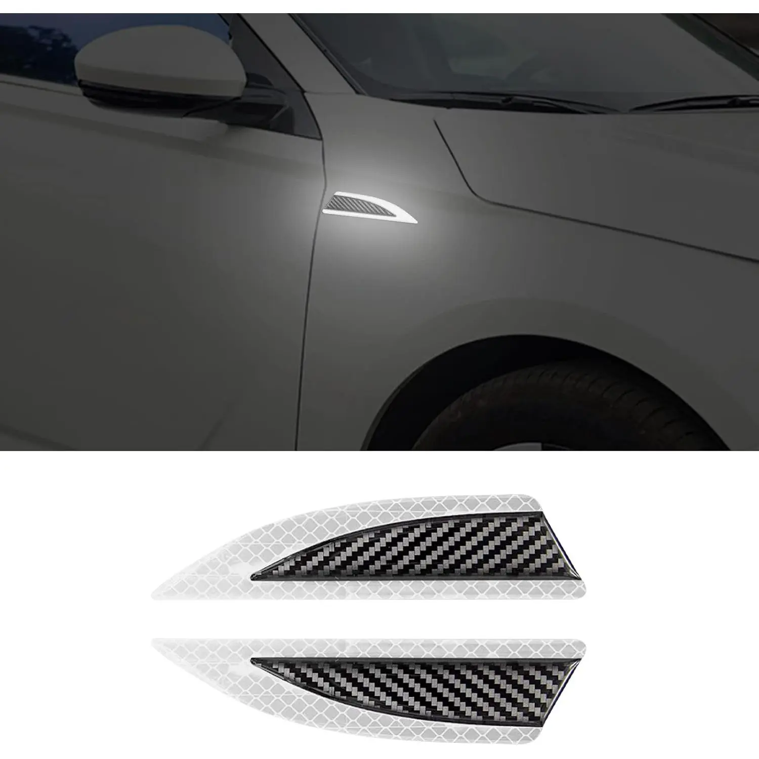 Car Safety Reflective Trim Sticker Carbon Fiber Side Marker Safety Warning Anti-Collision Strip Protection Reflector Guard for Car SUV Pickup Truck,Exterior Accessories(2PCS,White)