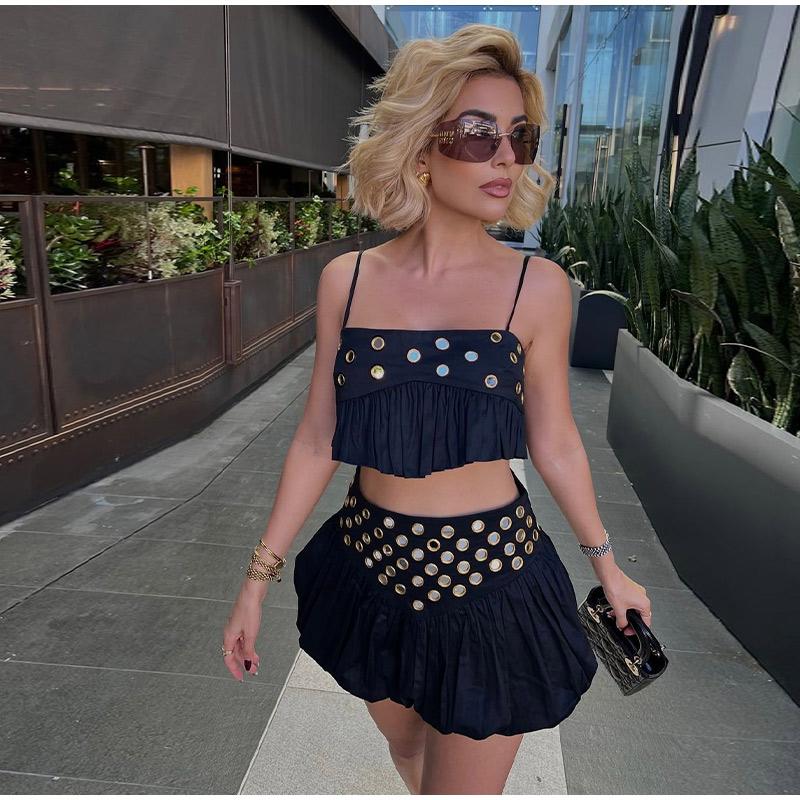 New2025Hollow Out Crop Tank Pleated Skirt Sets Women Ring Bead Strap Sleeveless Backless Vest A-line Skrits Suits Spring Street