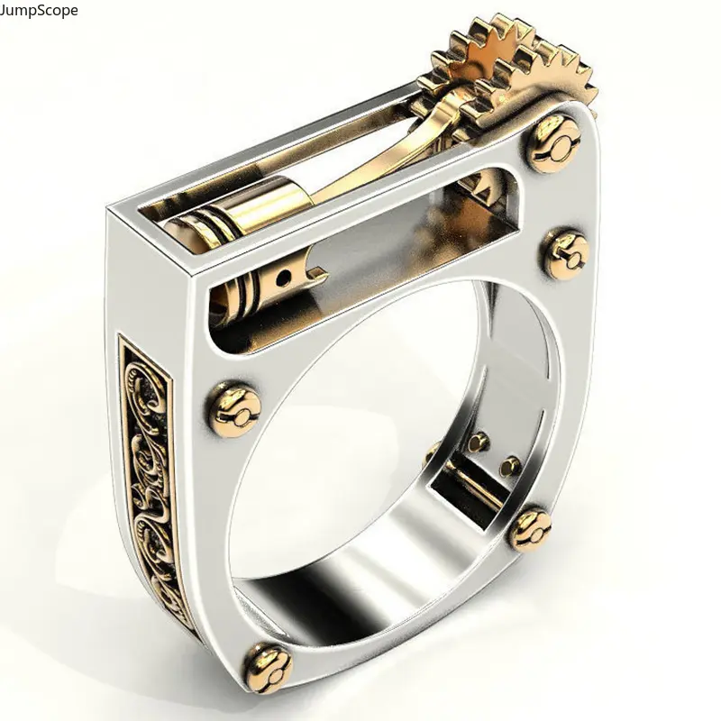 Two-Tone Silver & Gold Functional Movable Gear Mechanical Ring, Industrial Geometric Open Frame Screw Detail Unisex Statement Band, Steampunk Tech Aesthetic Interactive Finger Jewelry for Streetwear, Tech Enthusiasts & Unique Gifting