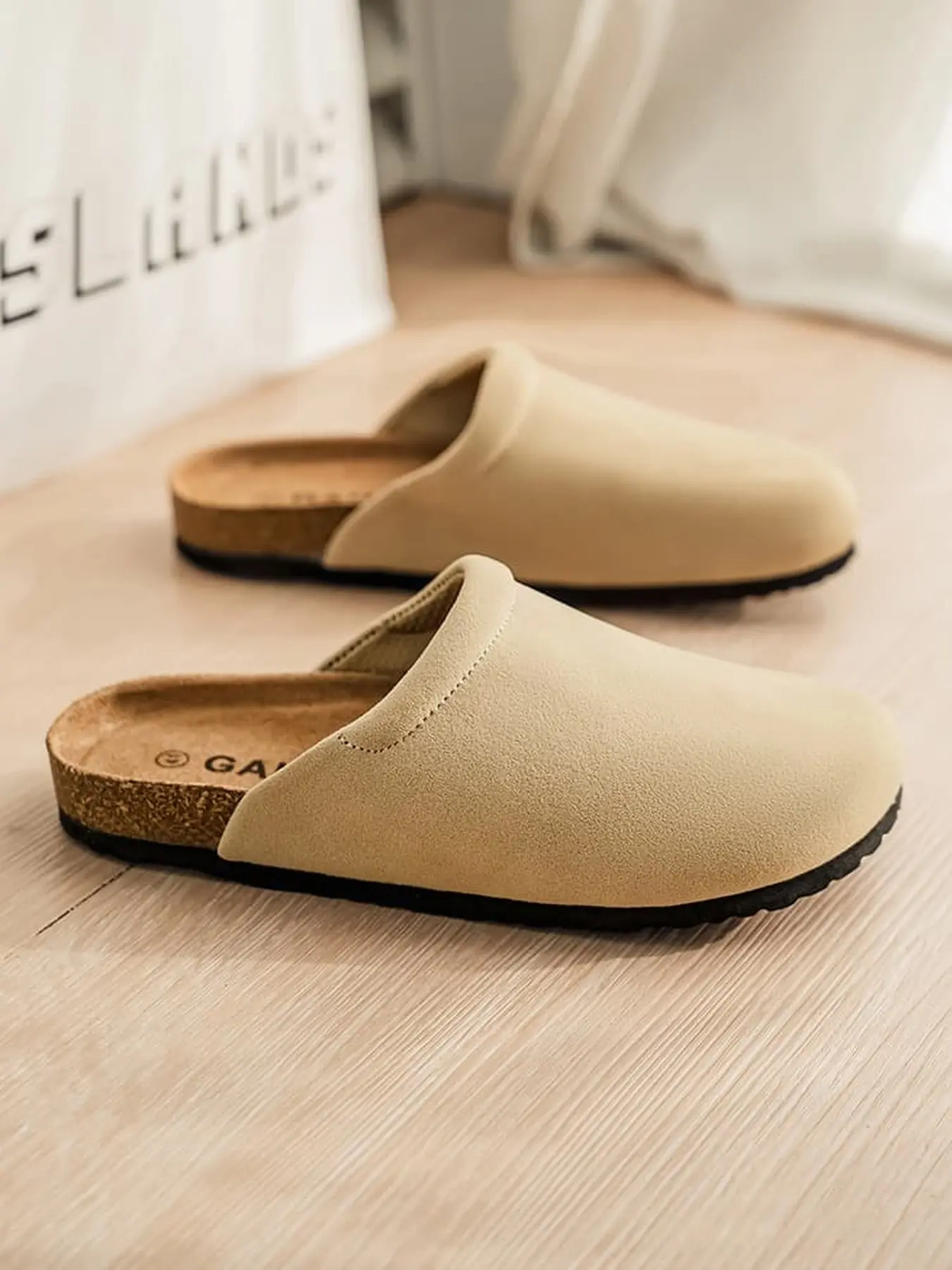 1 Pair Mens Birken Style Closed Toe Slides For Home Commute Faux Suede Upper Cork Insole Anti Slip Backless Minimal All Match Daily Casual